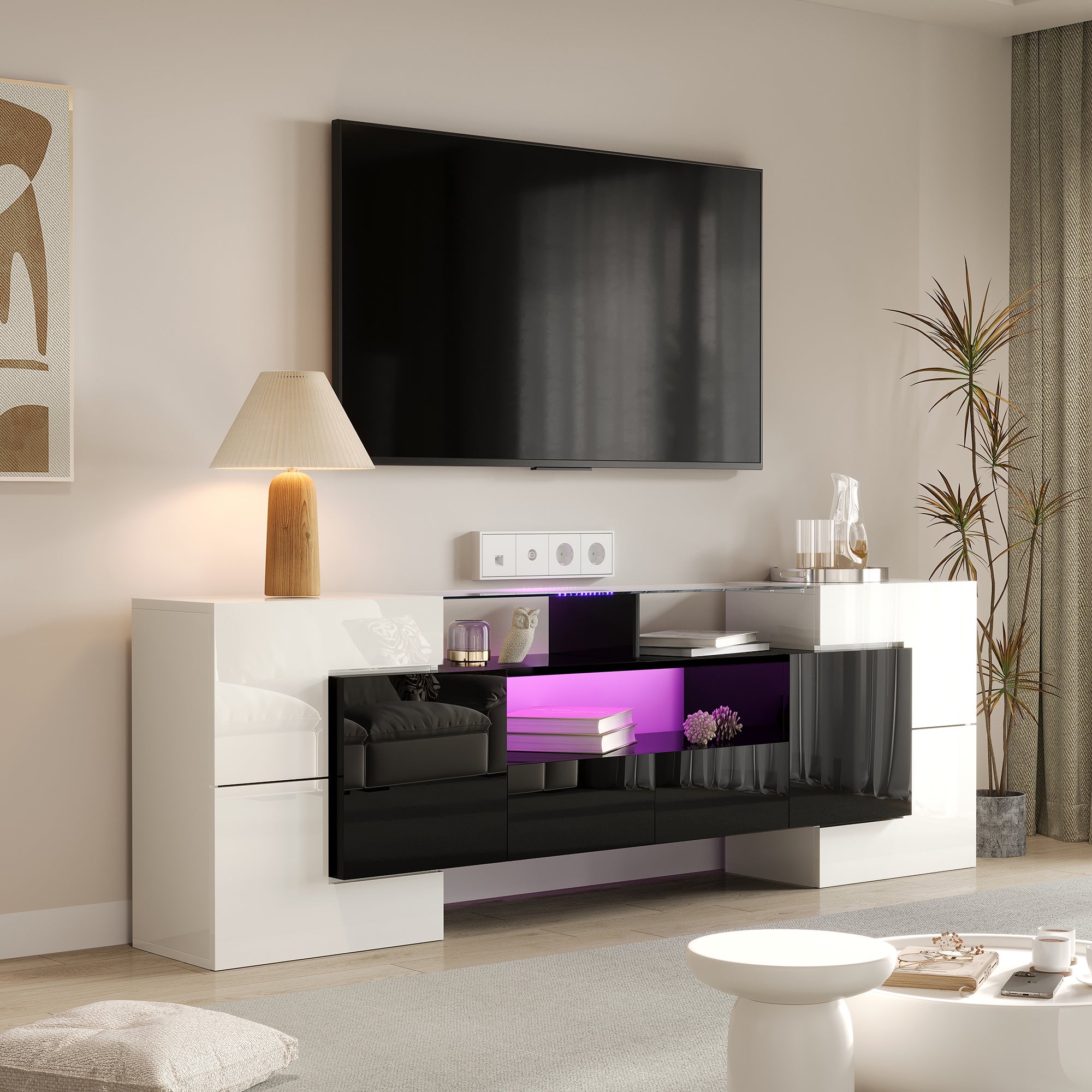 Stolik pod TV 200 x 35 x 60 cm - 4 drzwi i 2 szuflady - Z oświetleniem LED - Blat szklany - Płyta MDF - Biały + czarny