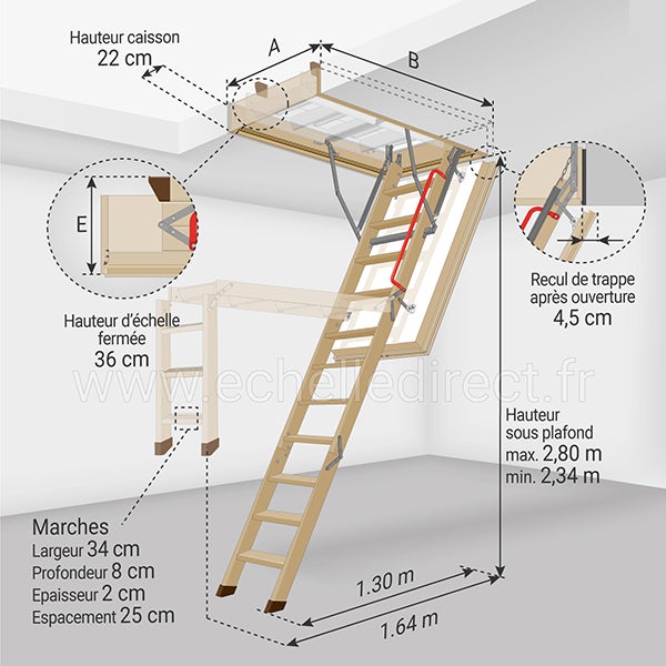 Echelle escamotable bois - Trémie de 70 x 140cm - Hauteur de 2.34 à 2.80m - LWT70140-2 - 2