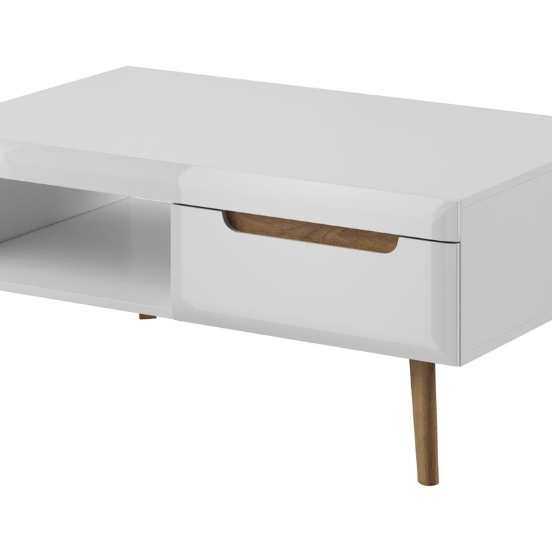 Stolik kawowy NODIS biały połysk z szufladami i półką, wstawki dąb Riviera 107x67 cm