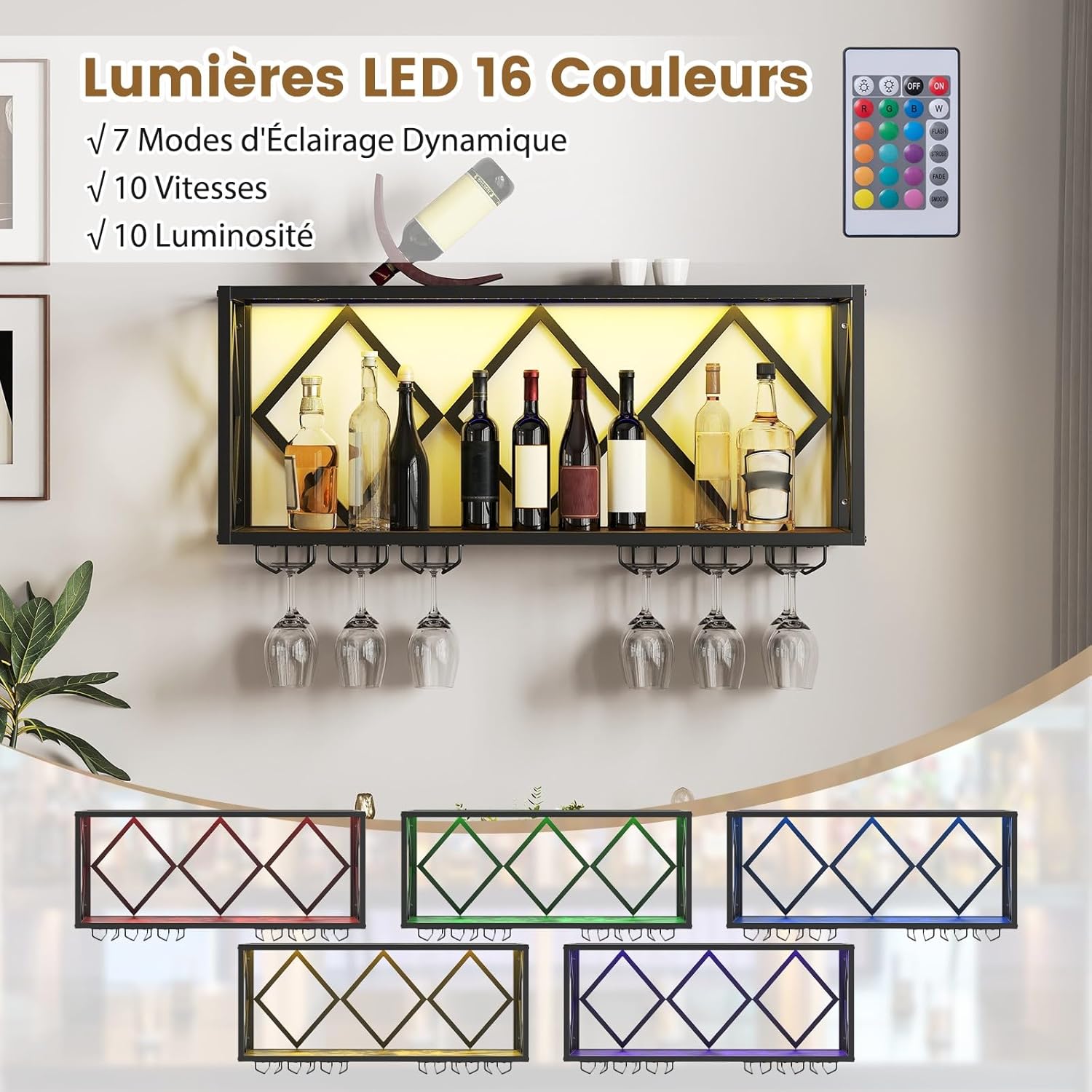 Porte-bouteilles Mural Avec LED - Étagère Pour 39 Bouteilles Et 12 Verres - Style Industriel - Éclairage 16 Couleurs - Pour Cuisine, Bar, Salle à Manger - 3