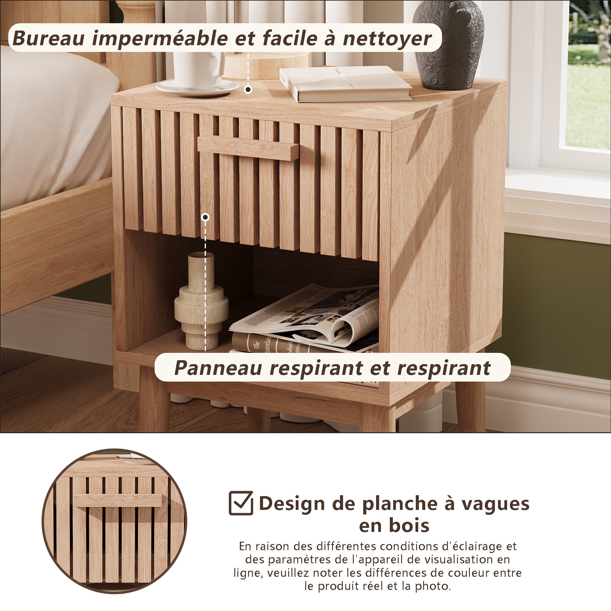 Table de Chevet Lot de 2, Table de Nuit avec 1 Tiroir, Chevet de Lit pour adulte et enfant, Table d'appoint pour Chambre, Salon, 40x35x55cm, Naturel - 8