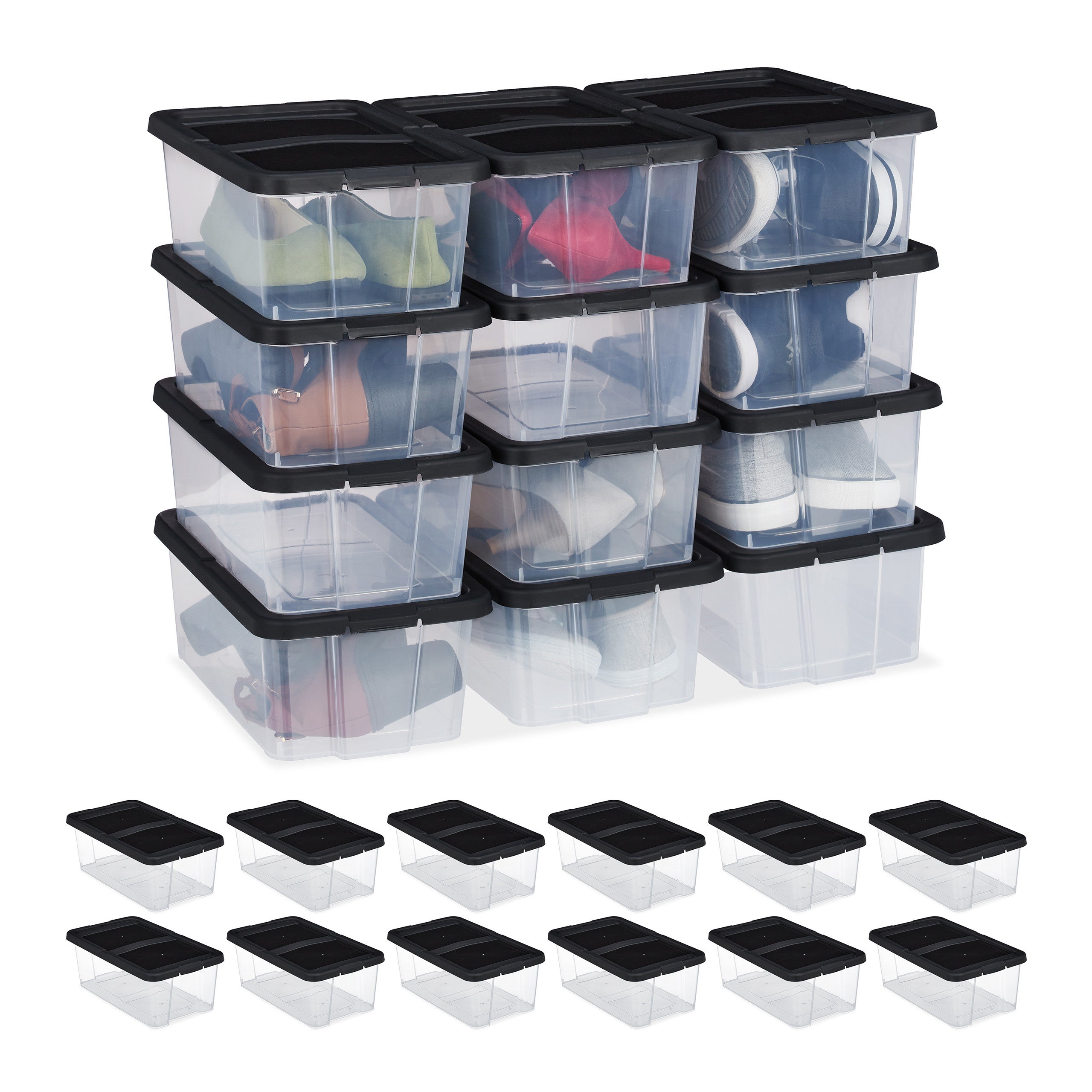 Rangement Chaussures Sous Lit Placard Visible Lot De 12 Boîtes à Chaussures Transparentes Relaxdays - Empilables, Avec Couvercle, 12,5 X 20 X 34,5 Cm