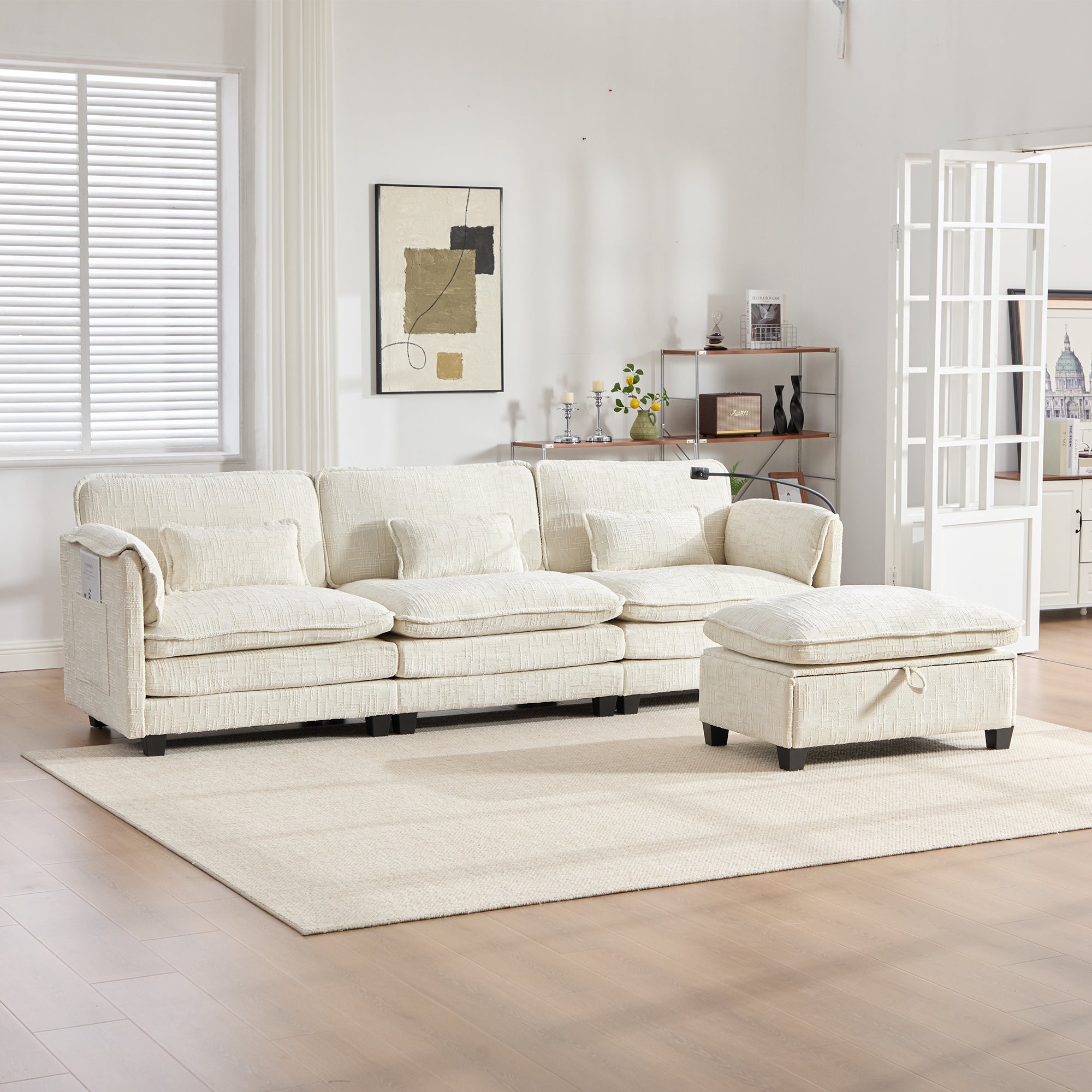 Divano 2 Posti USB Schiuma Memory Foam Borsa Laterale Supporto Mobile Sgabelli Modulari Ciniglia Beige Soggiorno Home Office - 9