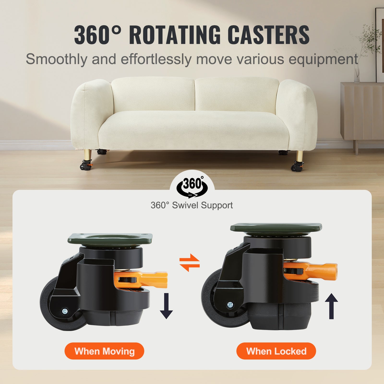Roulettes Pivotantes Nivelables 4PCS VEVOR, Charge 500 kg, Ø50,8 mm, Poignée Renforcée, Pieds Réglables pour Meubles, Établis, Équipements Lourds - 4