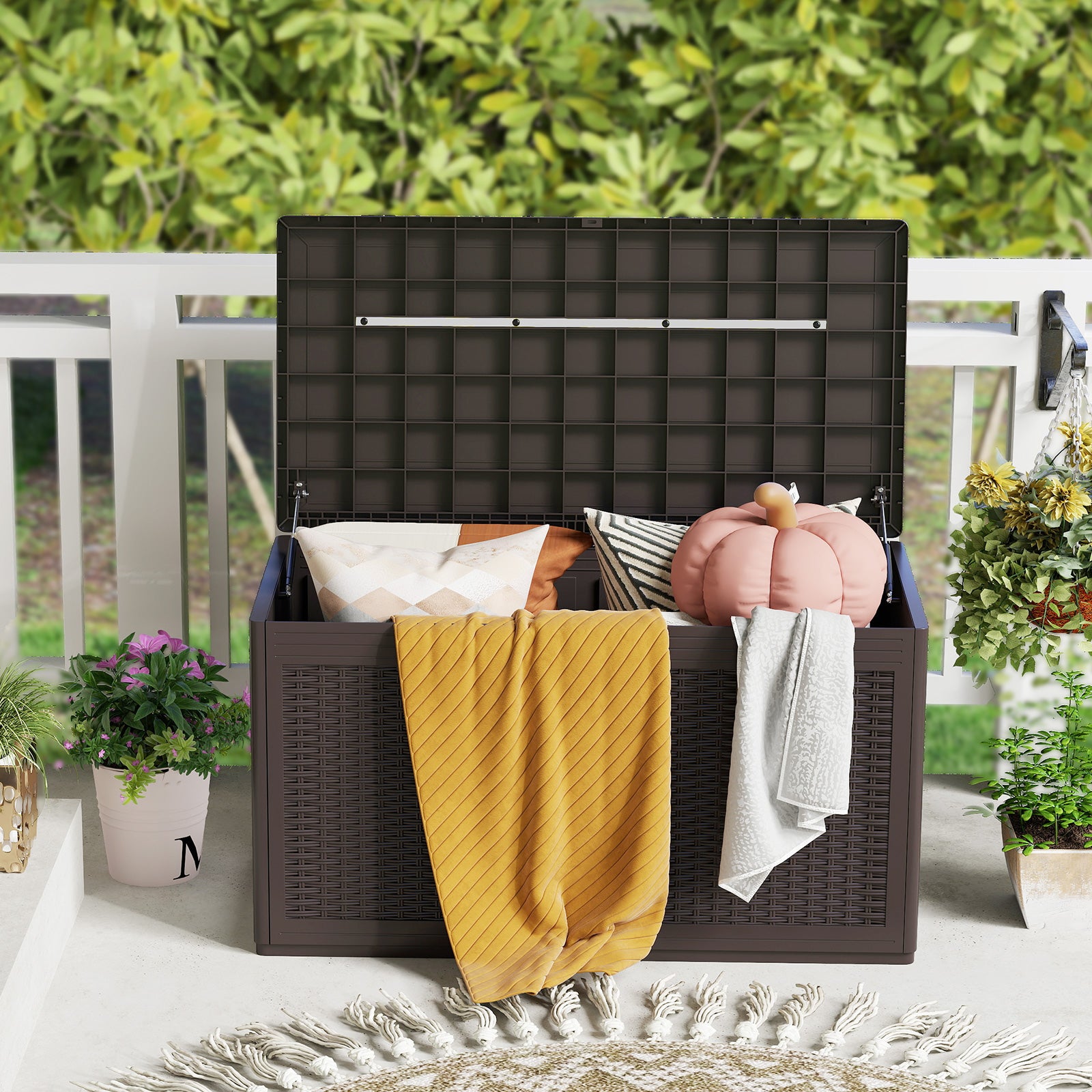 Coffre de Terrasse en Résine 380 L, Banc de Rangement Étanche d'Extérieur avec Couvercle Verrouillable et Roues pour Outils de Jardin, Marron - 7