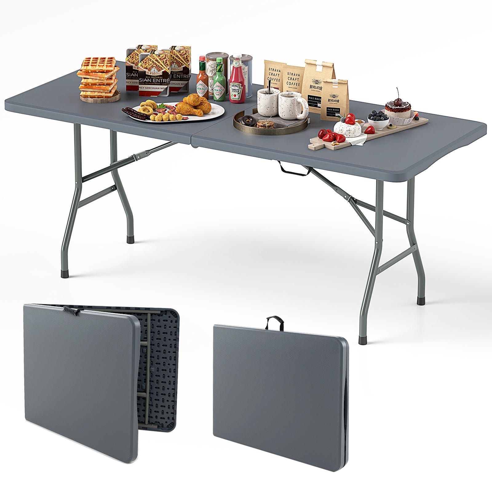 Tavolo Pieghevole In Plastica Nero 6 FT (180 Cm) – Portatile Per Picnic, Campeggio Ed Esterno - Foto 5