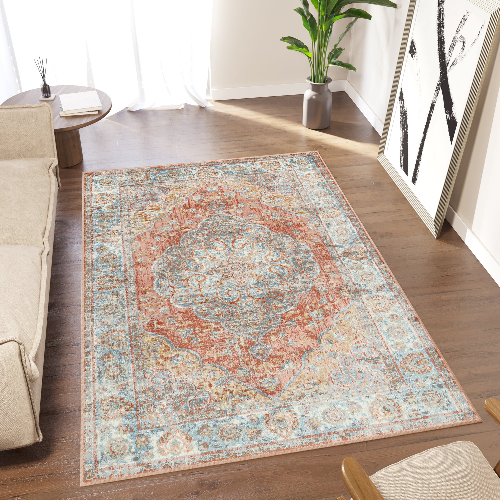 Tapiso retro alfombra de pelo corto vintage cuivre gris azul floral roseta borde sala habitación oficina oeko-tex resistente 120 x 170 cm