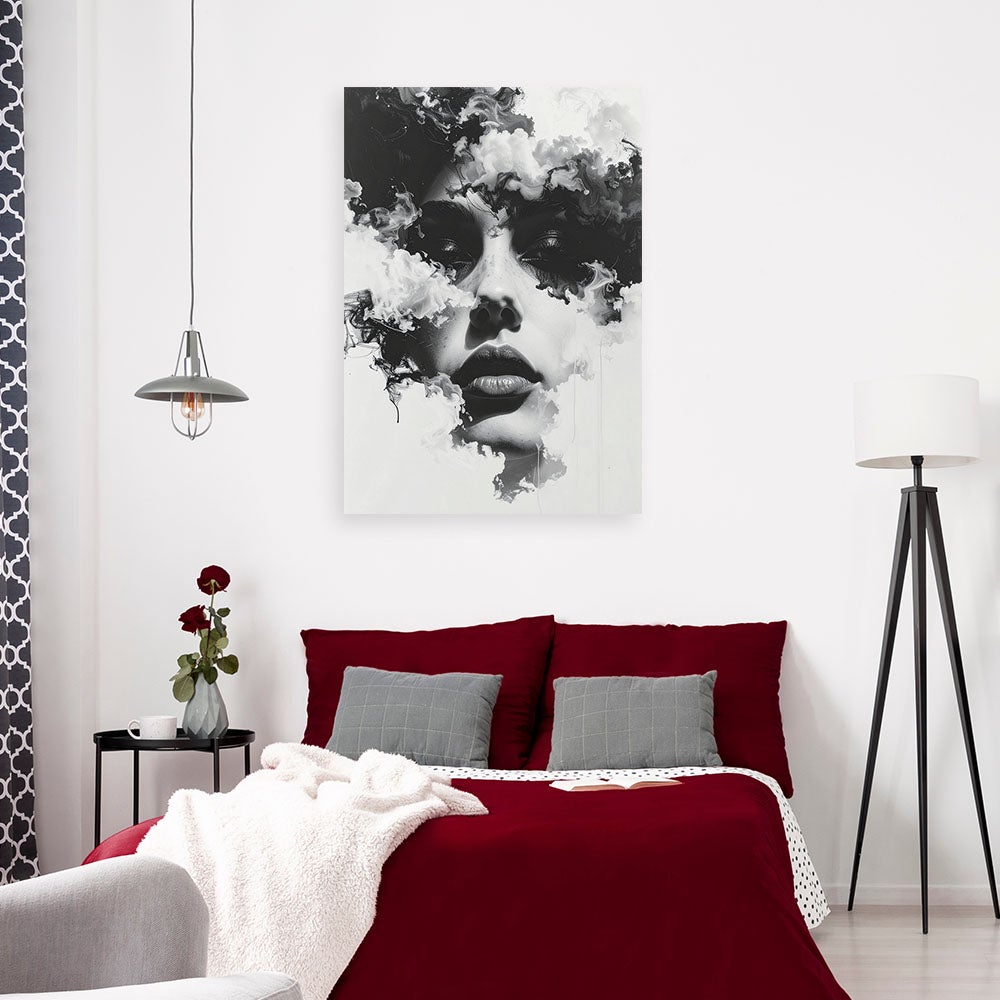 Nowoczesny obraz do salonu sypialni, Kobieta czarno biały z efektem dymu 80x120 - 2