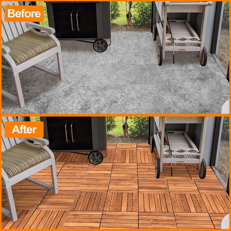 11x Dalles de terrasse en bois d'acacia pour 1m² - 6 lames - système de clips - terrasse/ jardin extérieur - 7