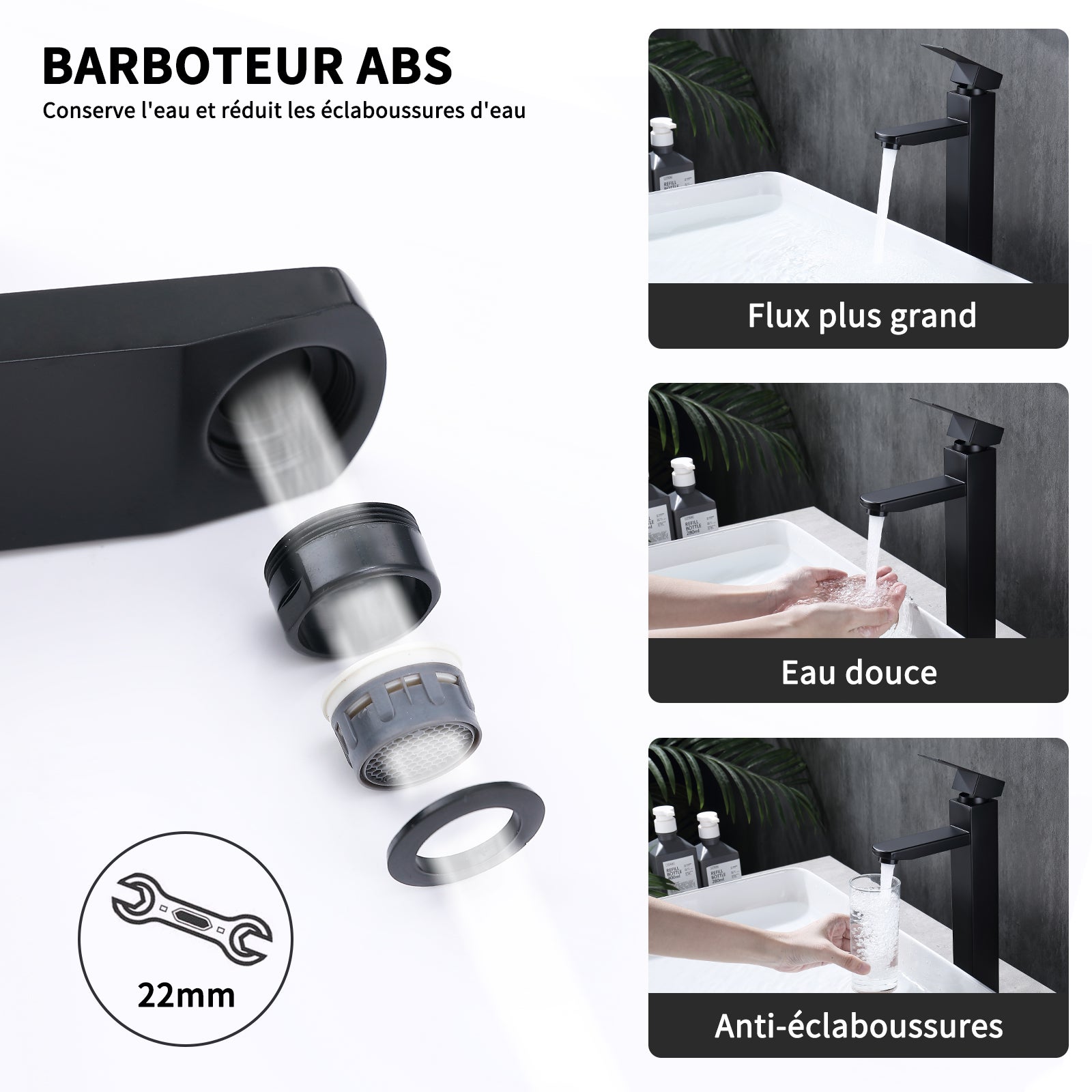 Mitigeur Salle de Bain Noir avec Bec Haut Robinet de Lavabo Pour Vasque à Poser Robinetterie Lavabo avec Poignée Carré en Inox - 3