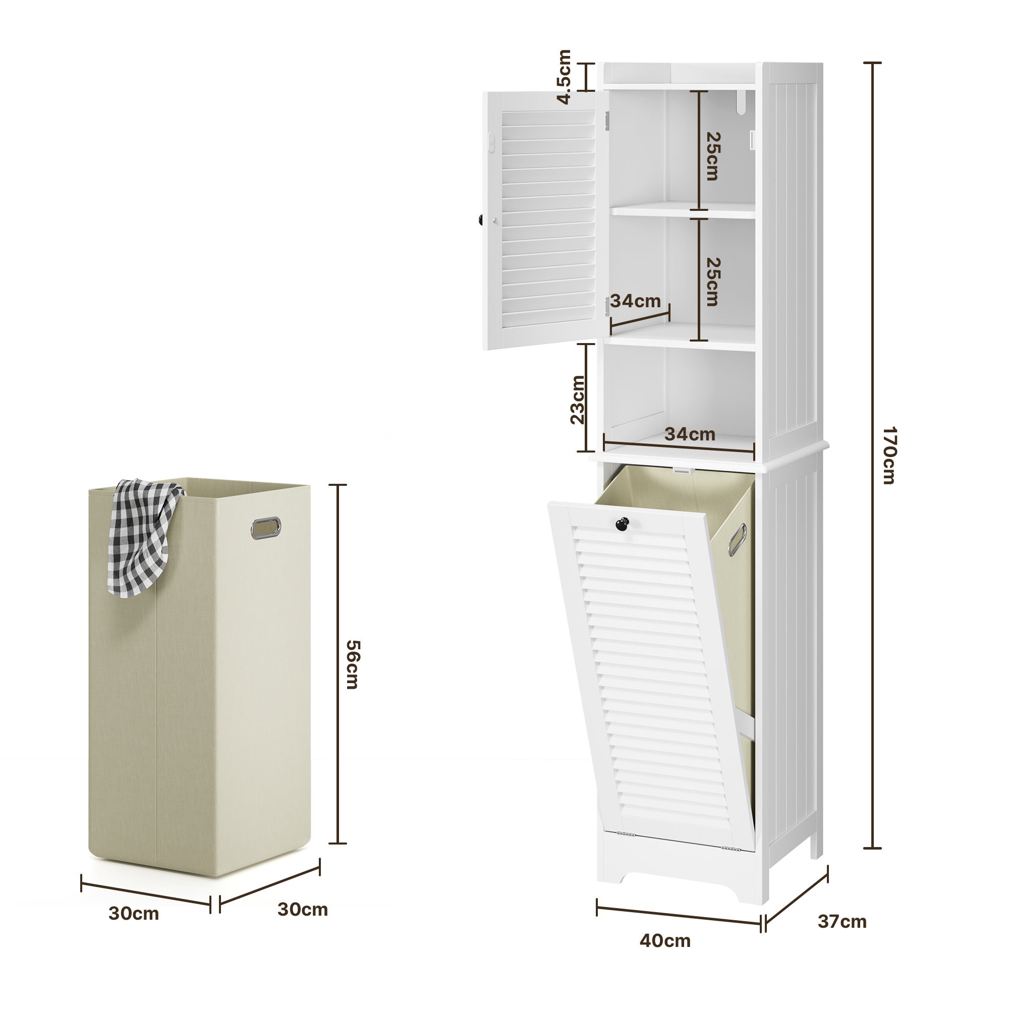 Armadio a colonna per bagno per stoccaggio a piedi con 1 porta, 1 compartimento, ripiano e 1 cesto per roba sporca Bealife - 3