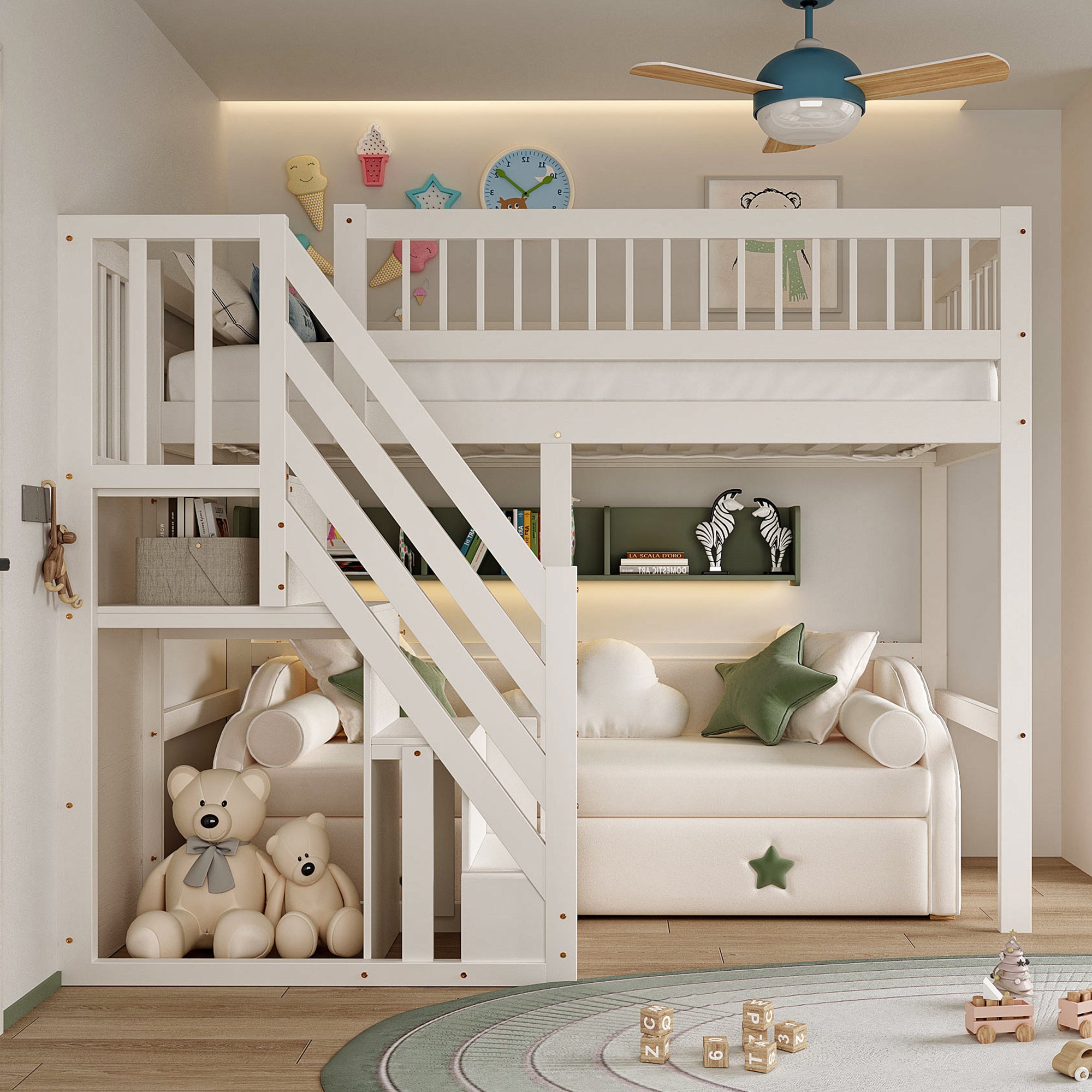 Lit mezzanine 90 x 200 cm avec armoire de rangement, lit enfant en bois avec sommier à lattes, lit superposé pour enfants et adolescents, blanc - 2