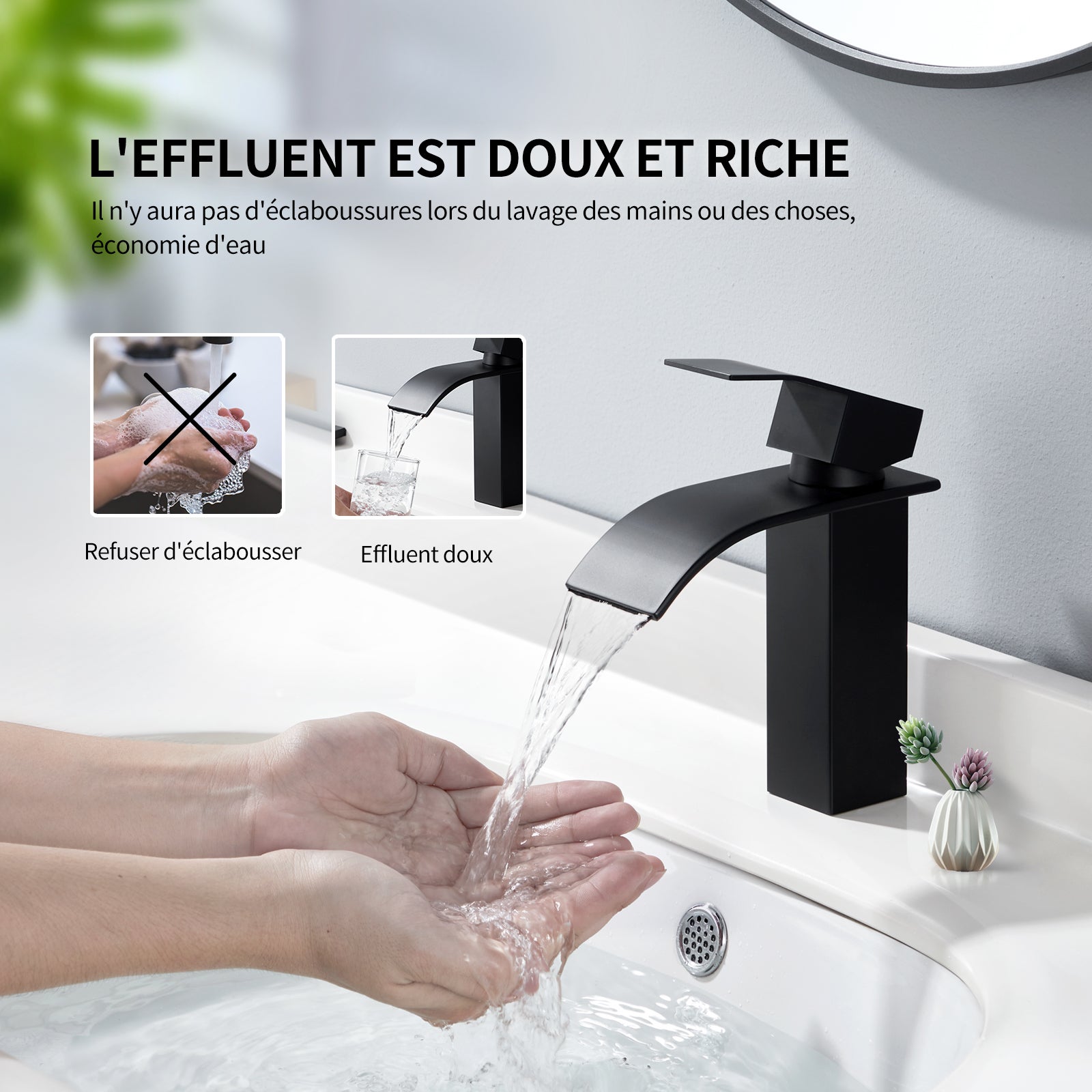 Noir Robinet Cascade pour Lavabo Mitigeur Salle de Bain en Acier Inox Mitigeur Lavabo avec Levier Unique - 4