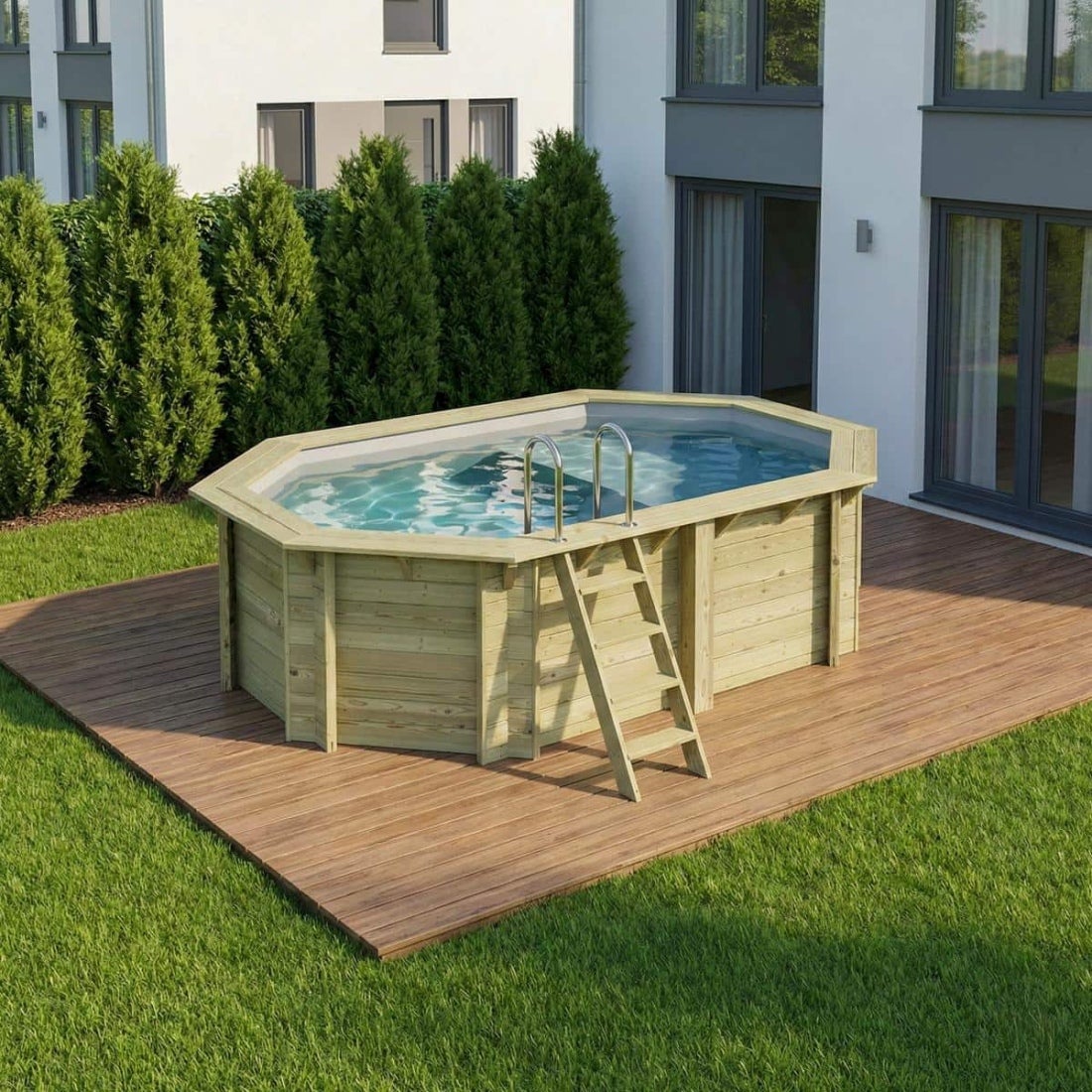 Piscină deasupra solului din lemn NEMO 4,3 x 3 - H. 1,18 m, cu zonă relaxare, gri deschis, elemente de fixare pentru îngropare - BAS7302OSPI2+PLA302