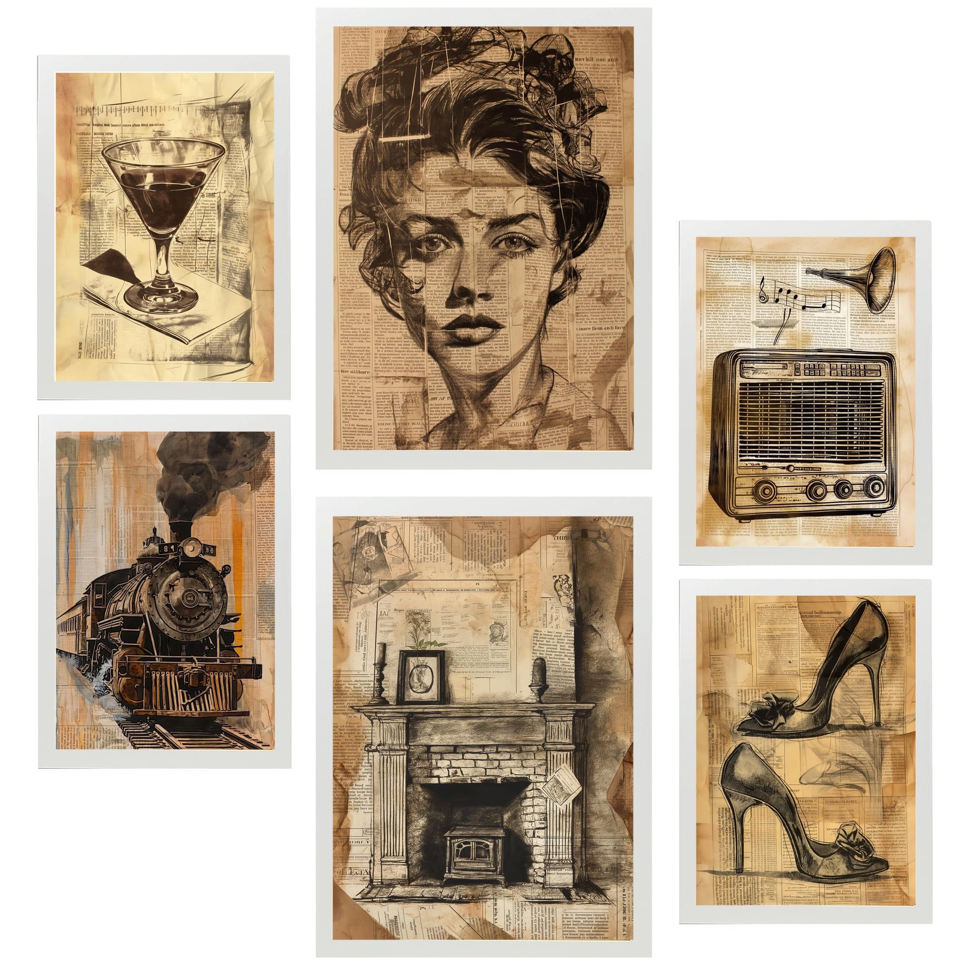 Set de 6 vintage life. wine, train shoes, radio, woman. wine, train shoes, radio, woman cuadros con ilustración de diseño a3 a4 marco blanco
