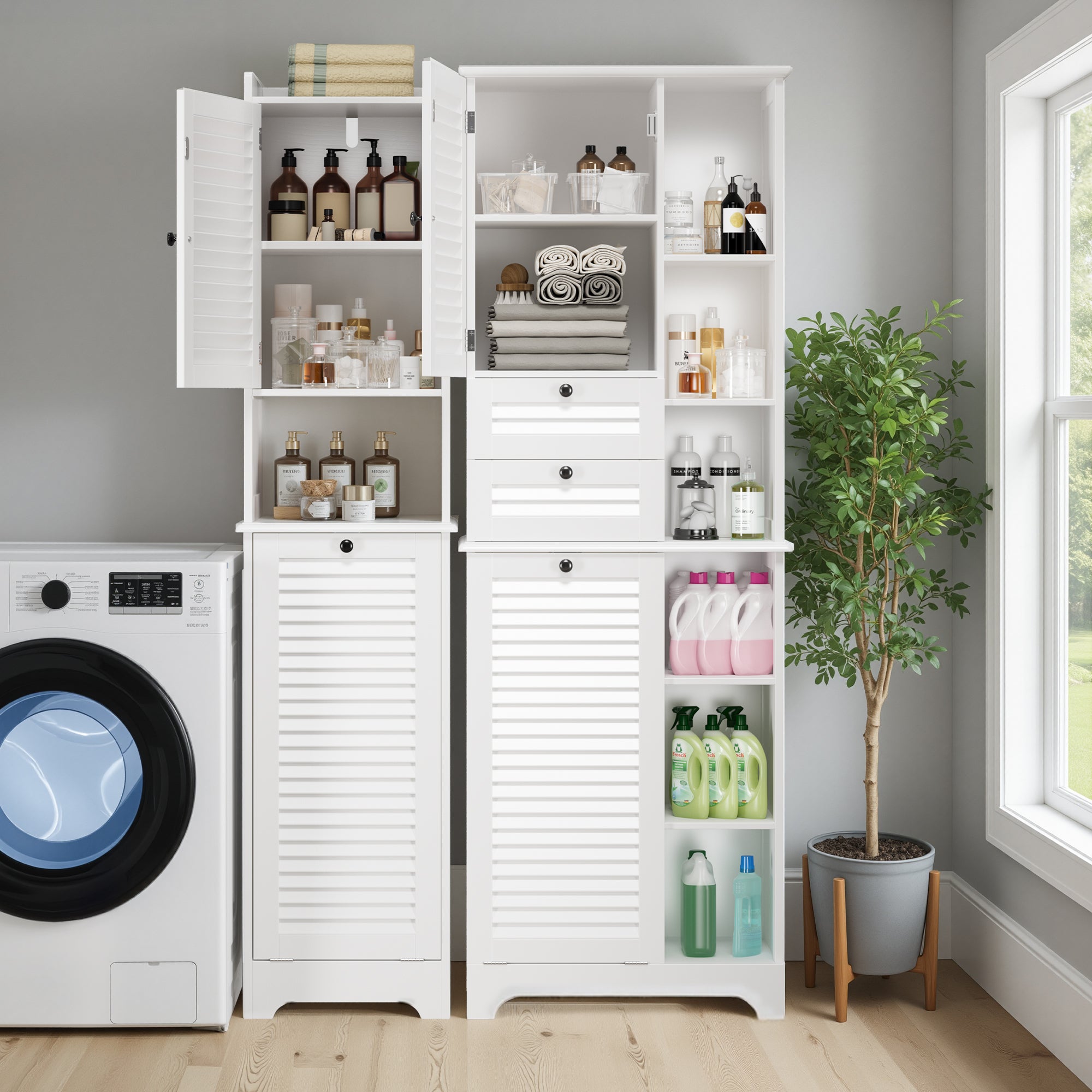 Armadio a colonna per bagno per stoccaggio a piedi con 1 porta, 1 compartimento, ripiano e 1 cesto per roba sporca Bealife - 8