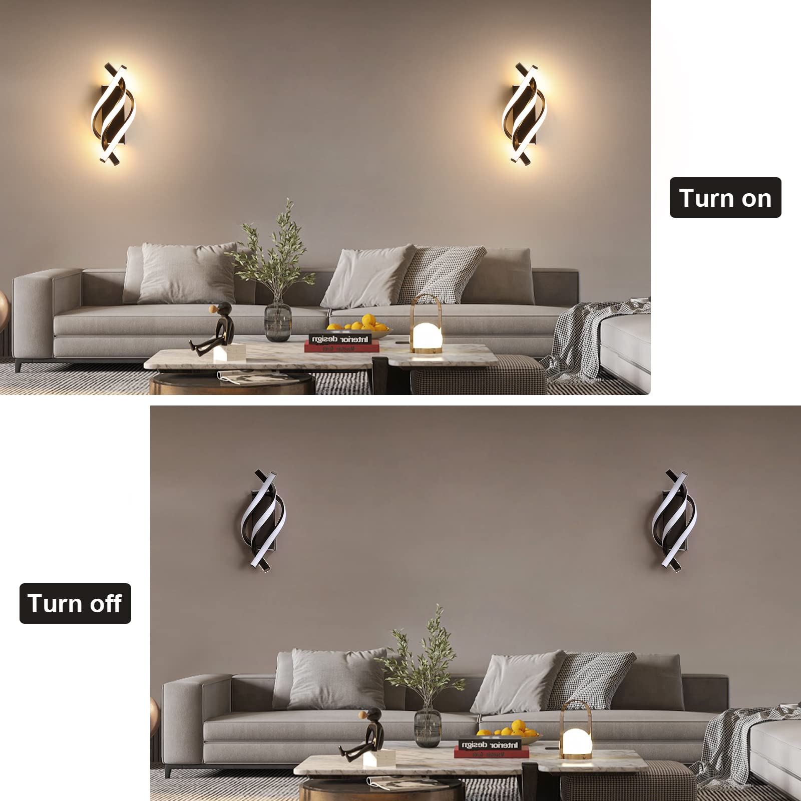 Juego de 2 apliques de pared, lámparas de pared LED modernas en espiral, luces de pared LED de aluminio, luces decorativas, luz cálida 3000K - 6
