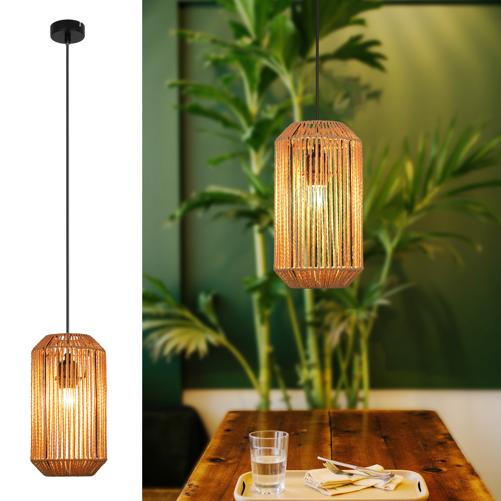 Nettlife Lampa wisząca 1-płomieniowa E27, Vintage, lina konopna, design latarni, Lampa do jadalni