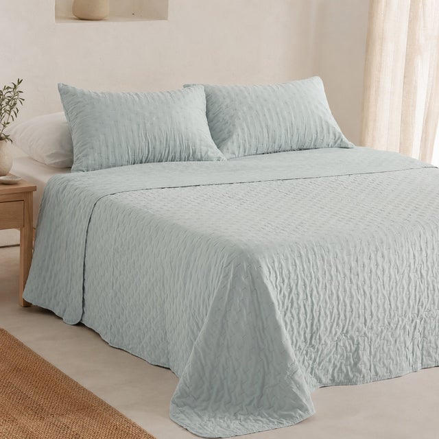 Colcha acolchada lisa cama 105 incluye funda de almohada 200x270 + 50x70 cm celeste