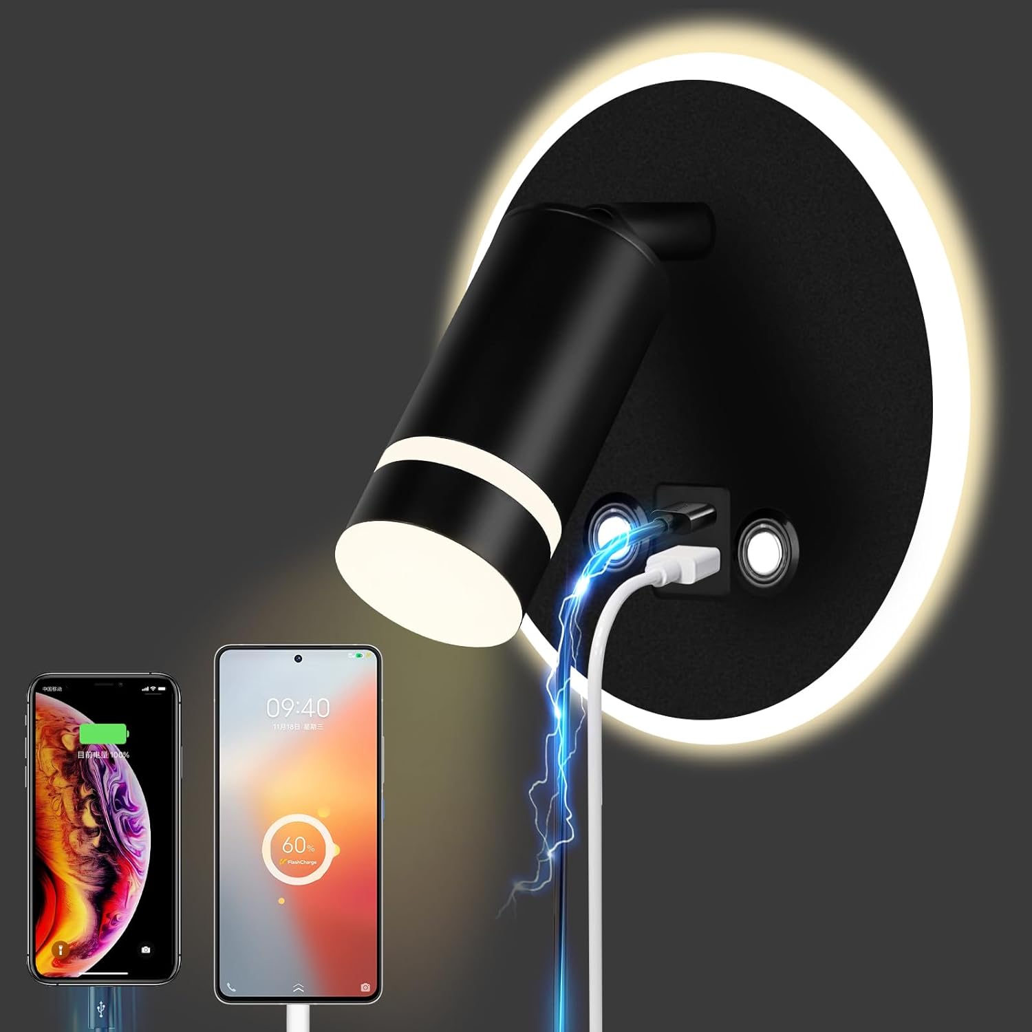 W (okrągła, czarna) lampa ścienna LED do czytania, dotykowa, 3 temperatury barwowe, port ładowania USB, obrotowa lampa nocna do czytania 350° do sal
