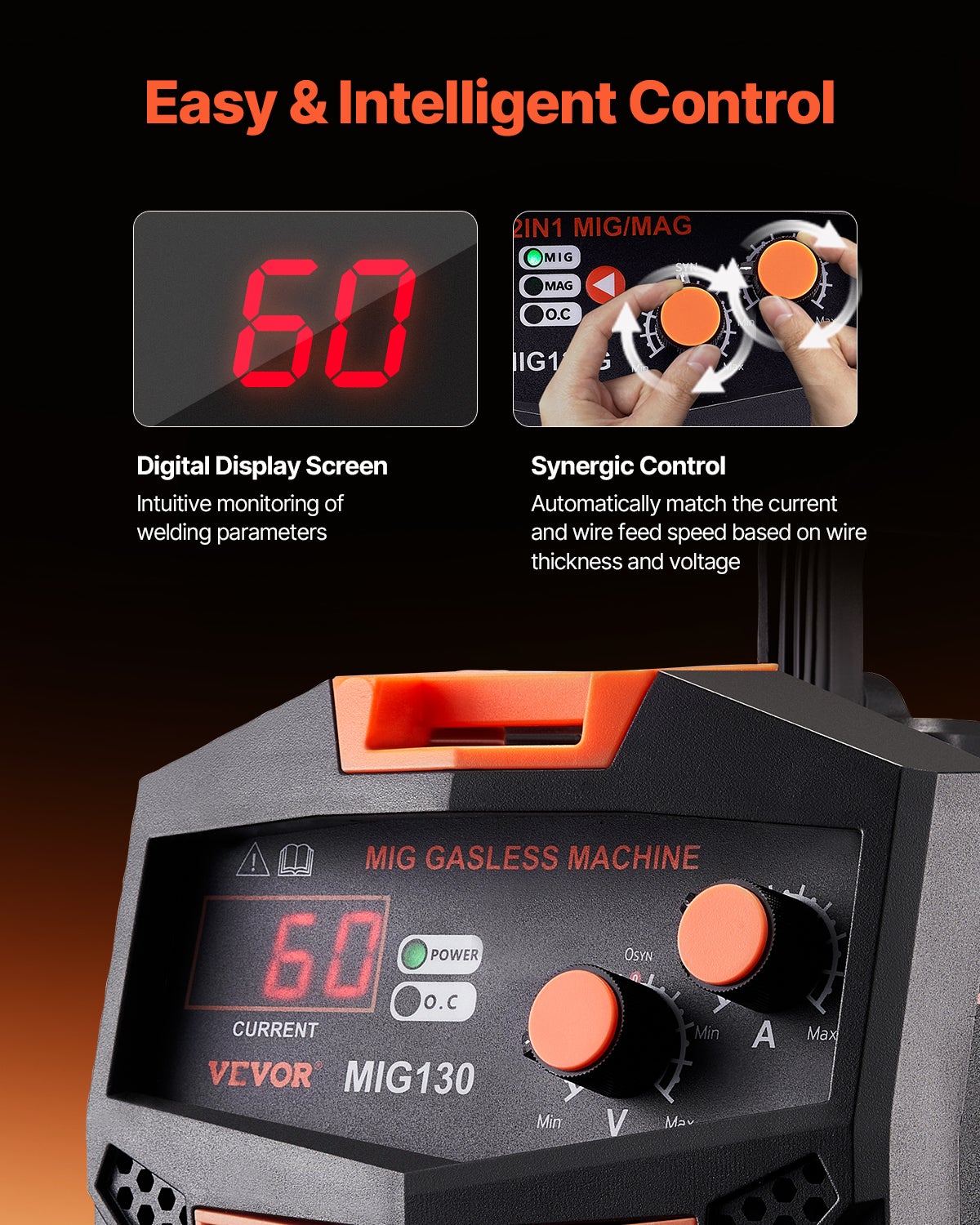 Posto di saldatura MIG 130 A,VEVOR saldatrice MIG sinergica senza gas filo animato,tecnologia inverter IGBT,display digitale,portatile e potente - 4