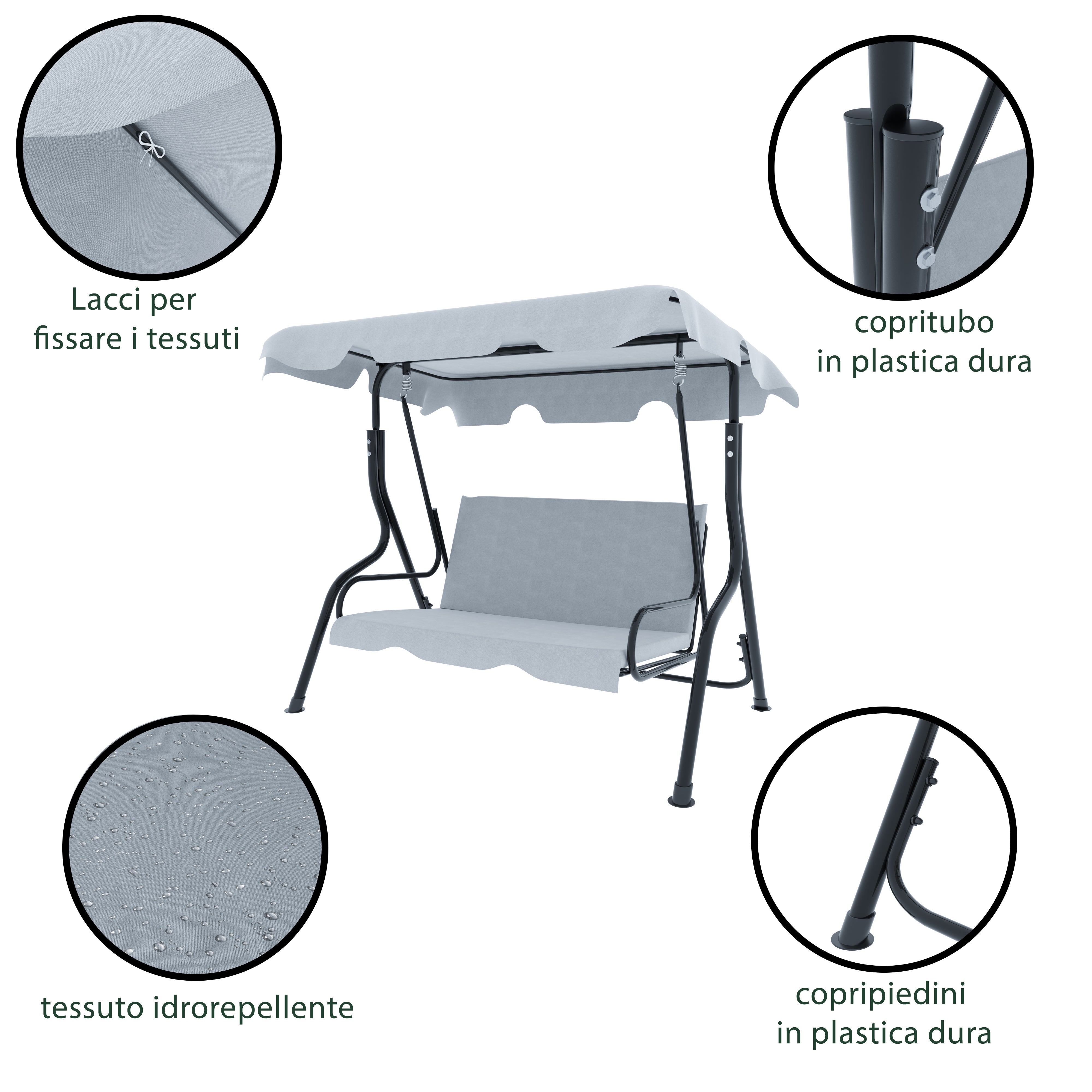 Dondolo 3 Posti Algarve Con Tettuccio Parasole Regolabile Cuscini Imbottiti Struttura Robusta In Acciaio Da Giardino 170 x 110 x 153 cm Grigio - 3