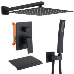 Colonne de Douche Encastrée Noir, Ensemble de Douche avec 12" Grande Tête et Bec Descendant en Cascade, Système de Douche Encastrable Corps en Laiton