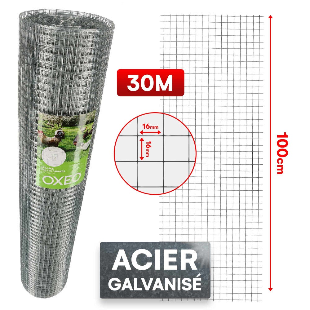 Grillage à poule 30m Haut 1m - Acier galvanisé – Maille carré 16x16mm - Filet de clôture pour poulailler - Epaisseur fil 0,8mm - 2