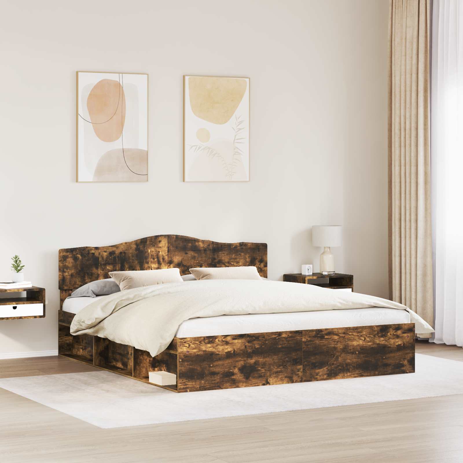 Cadre de lit en bois de pin massif, chêne fumé, pour la chambre, 180 × 200 cm - 3