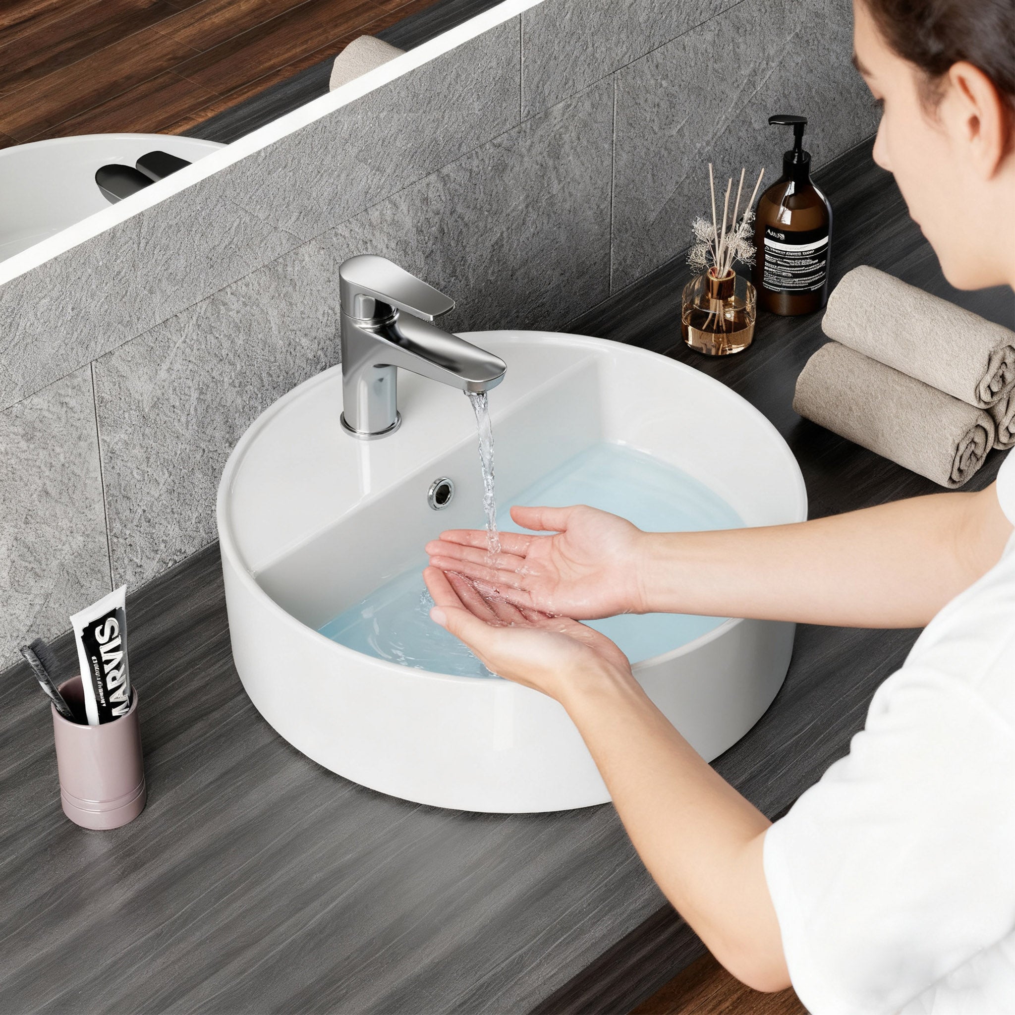 HOROW Vasque à poser, 42 cm Rond Lavabo à poser, blanc, Vasque lave mains avec trou pour robinet et trou de trop-plein - 5