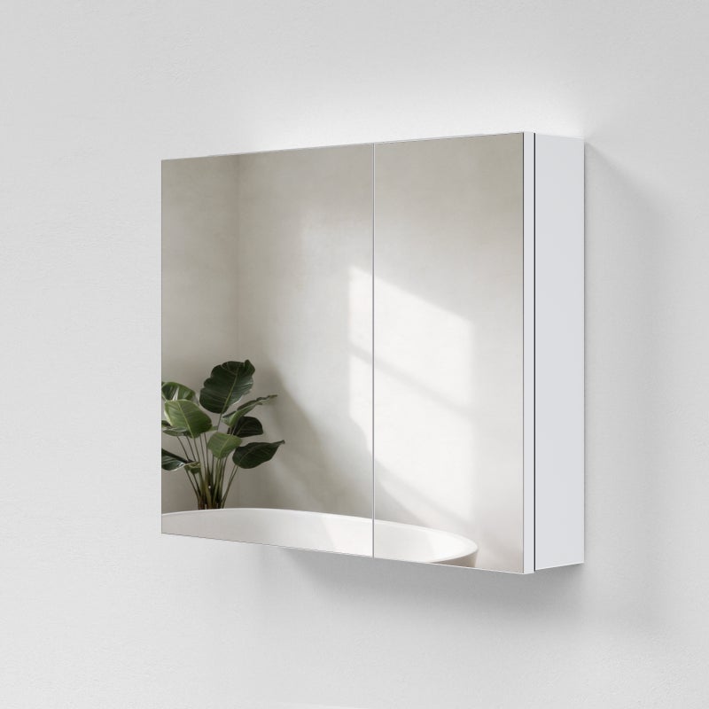 EMKE Szafka łazienkowa z lustrem 80x65x14,5 cm – 2 drzwi lustrzane z wbudowanym miejscem na przechowywanie, regulowane półki, matowa biel