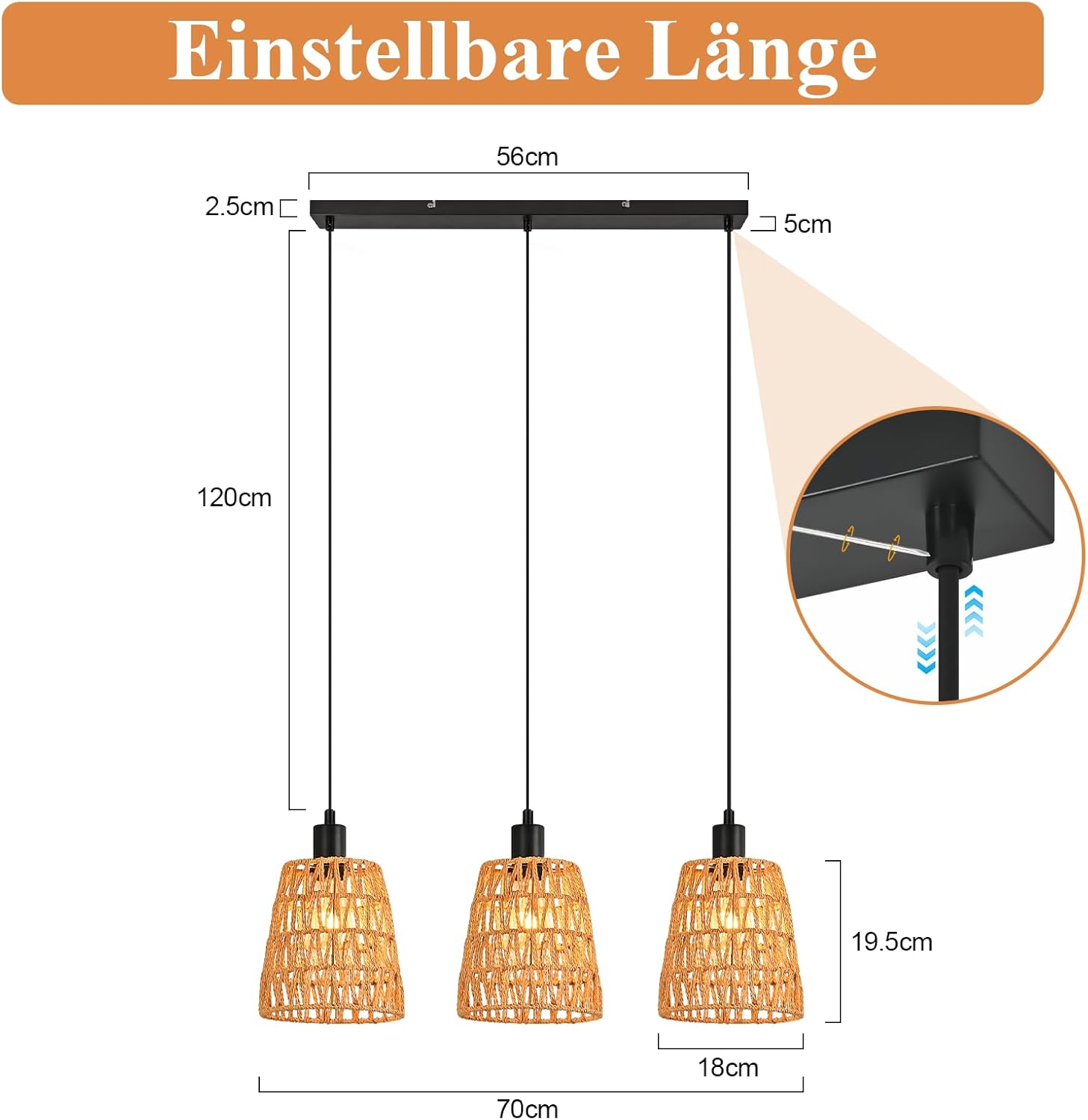 Lampa wisząca Nettlife Boho Rattan z 3 żarówkami – żyrandol z plecionej liny konopnej w stylu vintage, E27 (żarówki nie są dołączone) - 4