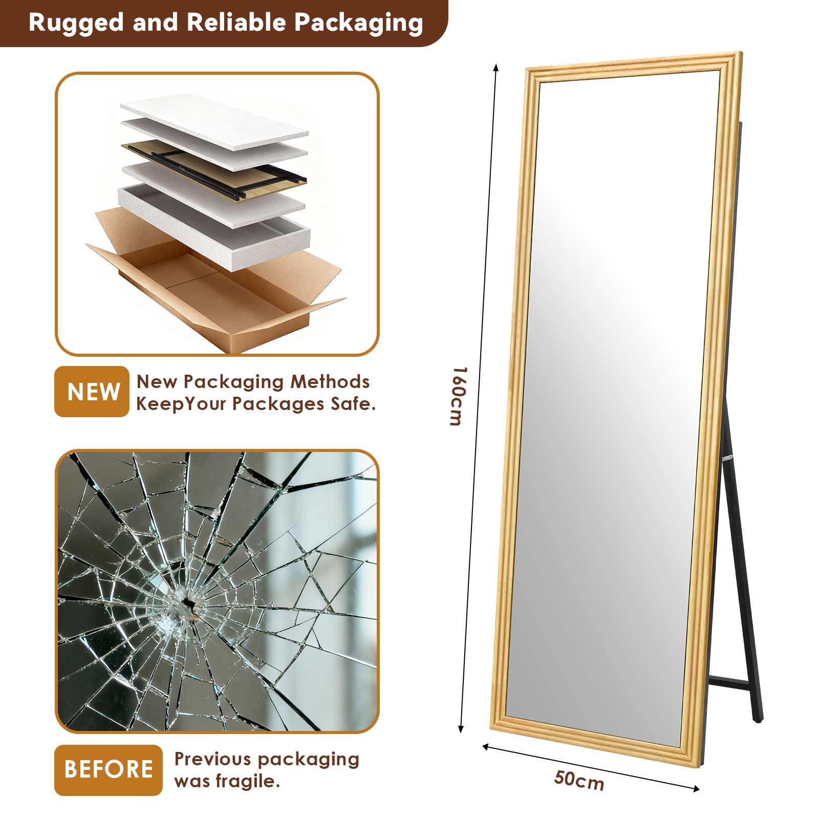 Specchio a figura intera 160×50cm HD senza distorsioni con cornice in legno massello e supporto regolabile per camera, soggiorno e cabina armadio - 3