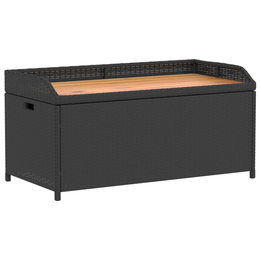 Banc avec rangement en bois d'acacia et résine tressée noire 100x50x52