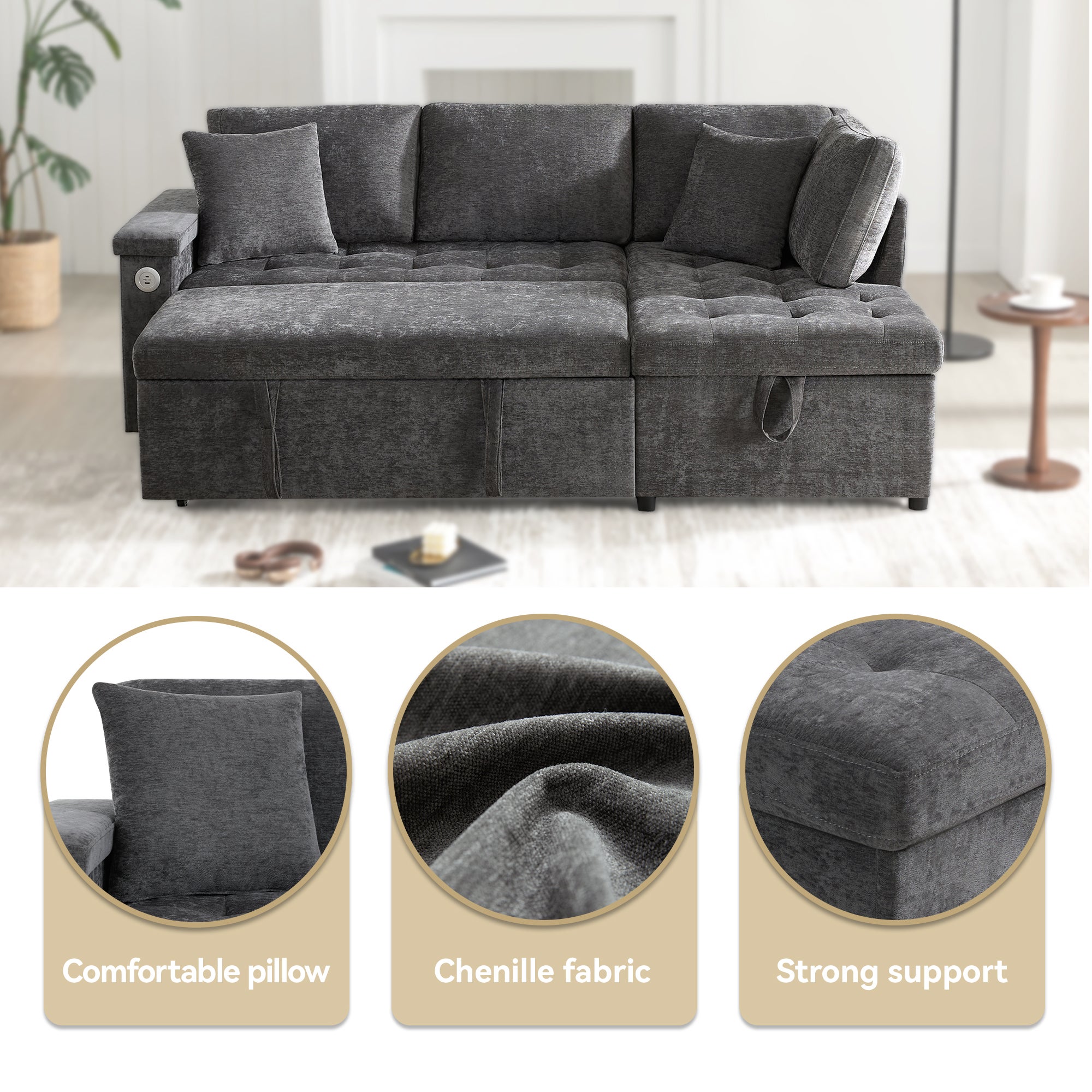 Sofa w kształcie litery L z wysuwanym łóżkiem - ze schowkiem - ładowanie USB - 2 poduszki - szara - 4