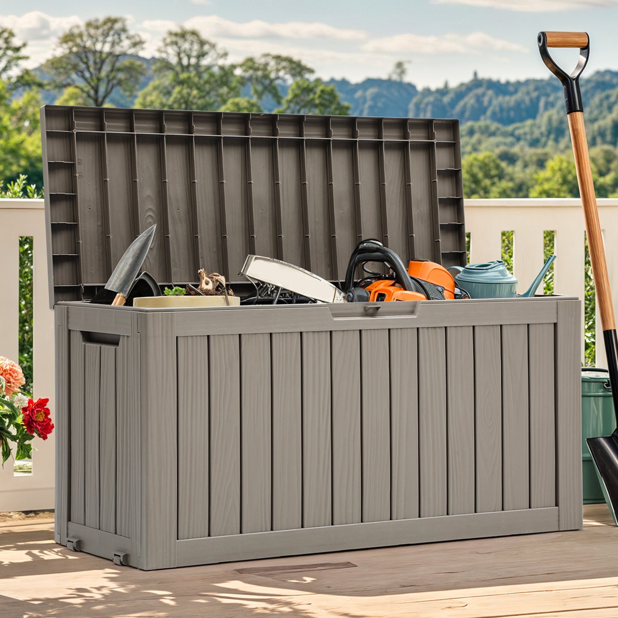 YITAHOME Caja de Almacenamiento Exterior con Ruedas-Caja de Cubierta de Plástico 270L-117 x 53.5 x 55 cm-Marrón Claro - 2