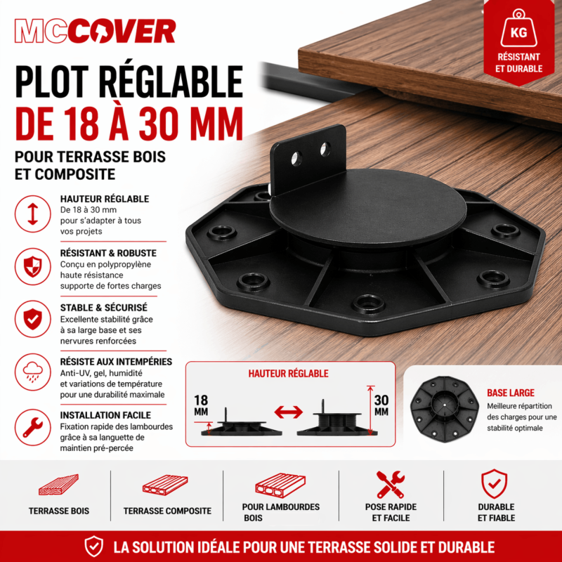 Plot réglable 18 à 30 mm pour terrasse bois et composite - support lambourde extérieur, pose facile - Coloris - Noir - 2