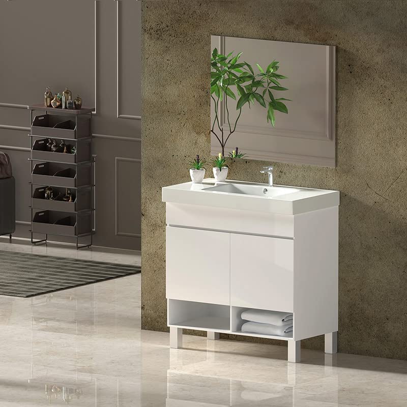 Meuble Salle De Bain Avec Vasque Céramique Intégrée - Dimensions 51x34x83 Cm, étagère Réglable, Design Moderne Blanc - 7