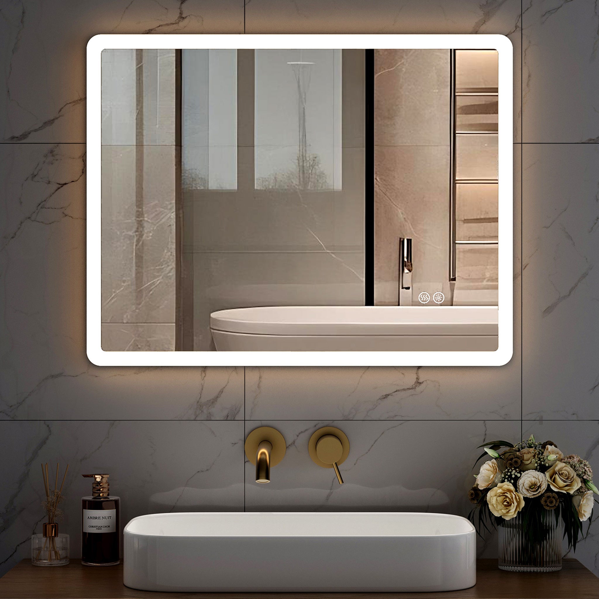 Lustro łazienkowe LED 60 x 80 cm, przeciwmgielne, ściemnialne, z funkcją pamięci i inteligentnymi przyciskami dotykowymi HOROW