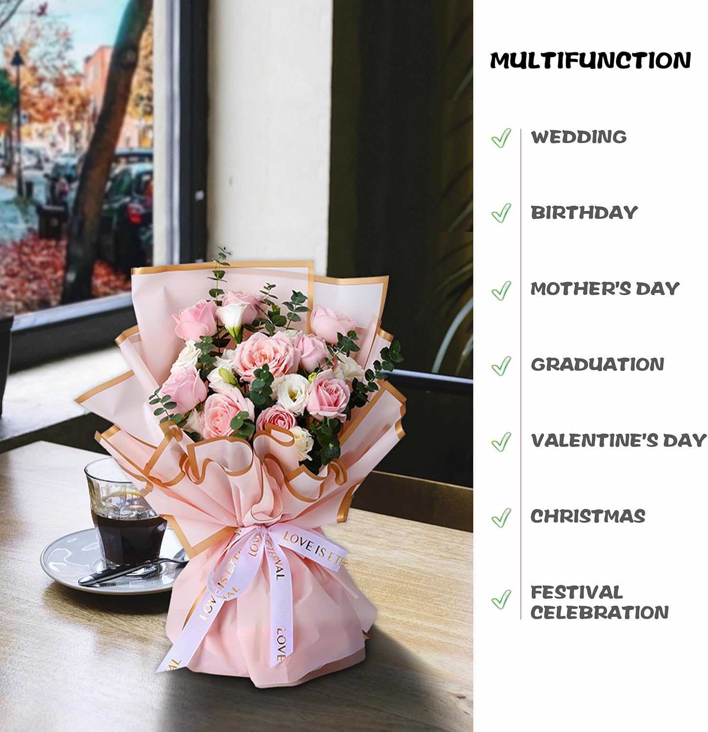 Papier d'emballage de fleurs, papier d'emballage en plastique, imperméable, 20 morceaux de papier d'emballage de bouquet de fleuriste, 57*57cm, rose - 5