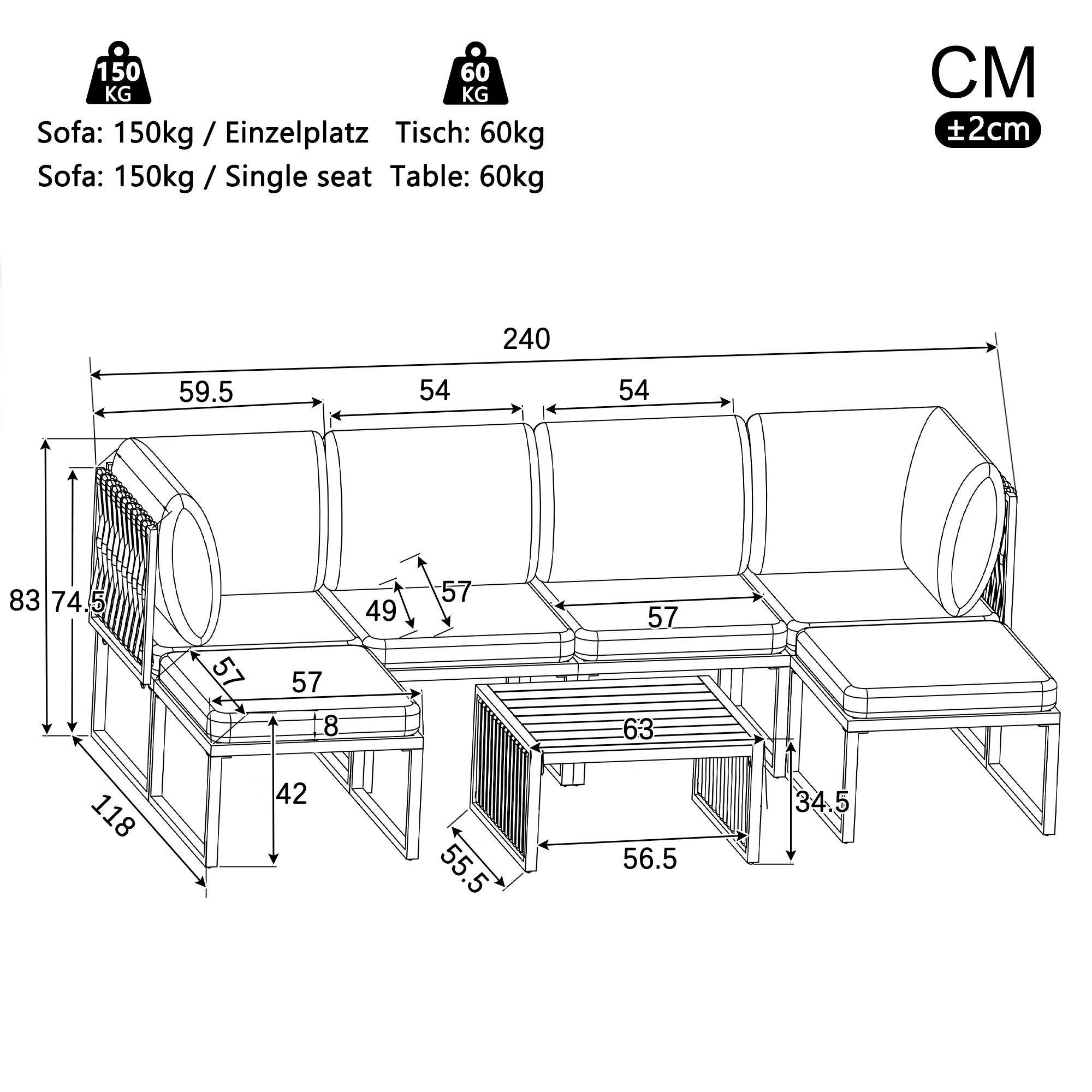 Salon de Jardin Exterieur,pour 6 personnes,Ensemble de canapé de jardin,Chaise longue double d'extérieur avec coussin,angle du dossier réglable,Gris - 5