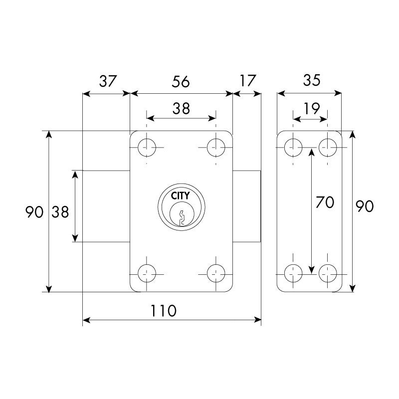 Verrou à 2 entrées CITY ISEO 35mm CG13652V - 2