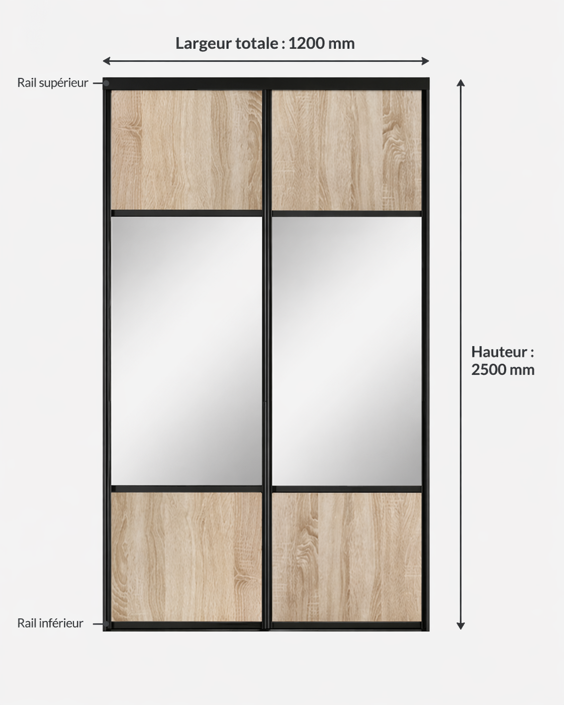Pack de 2 portes de placard coulissantes, décor chêne sauvage avec miroir argent, H 2500 x Largeur totale 1200 mm - 2