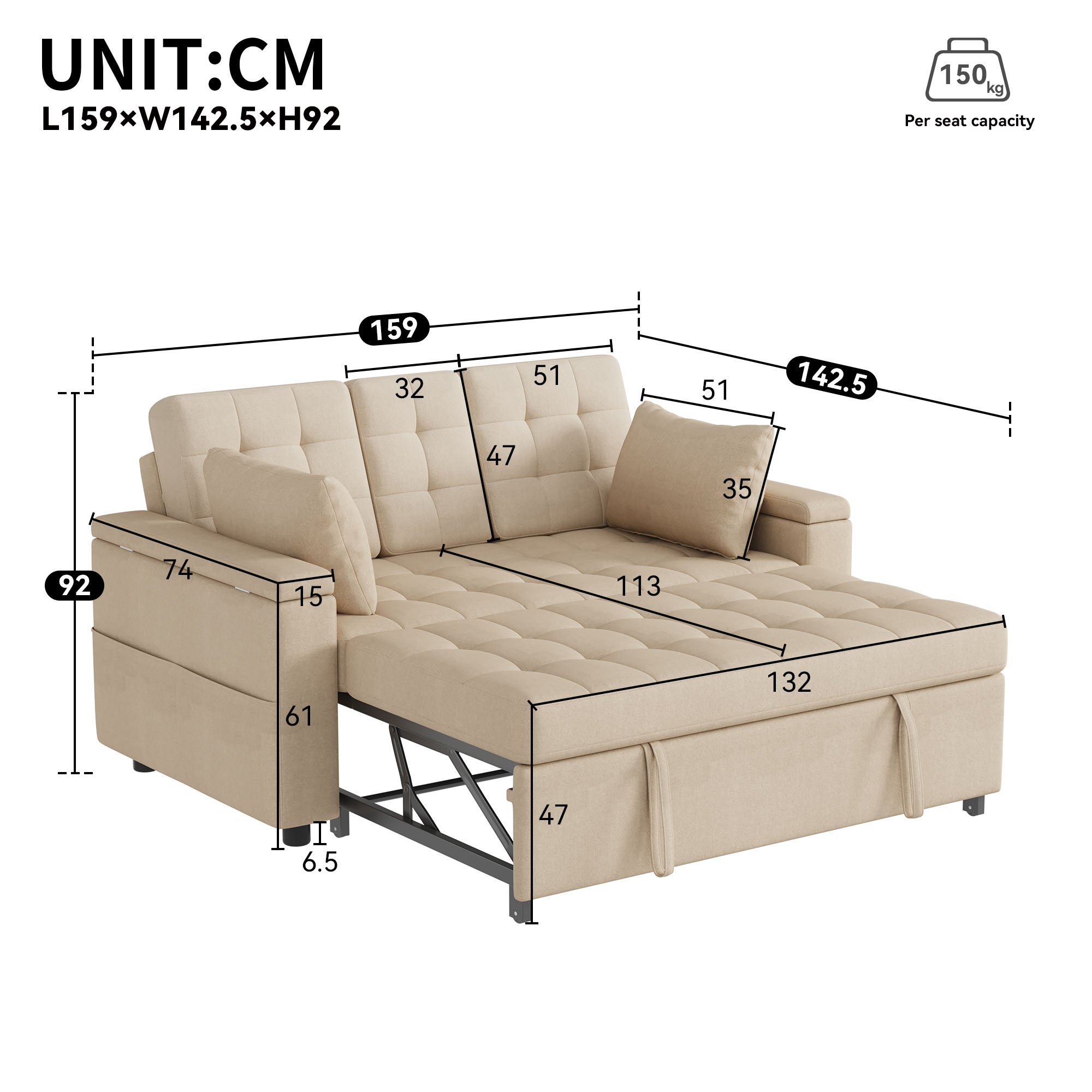 Canapé convertible 2 places avec rangement et dossier réglable, canapé pliant - 159 x 142.5 x 92 cm - Tissu en coton-lin - Beige - 7