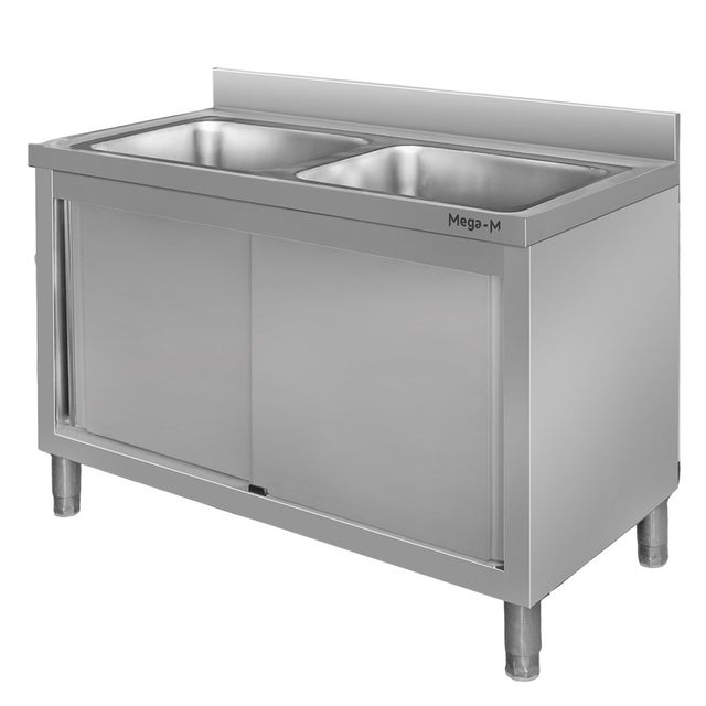 Zlewozmywak gastronomiczny ze stali nierdzewnej Mega-M 2-komorowy przyścienny z szafką 100x60x85cm