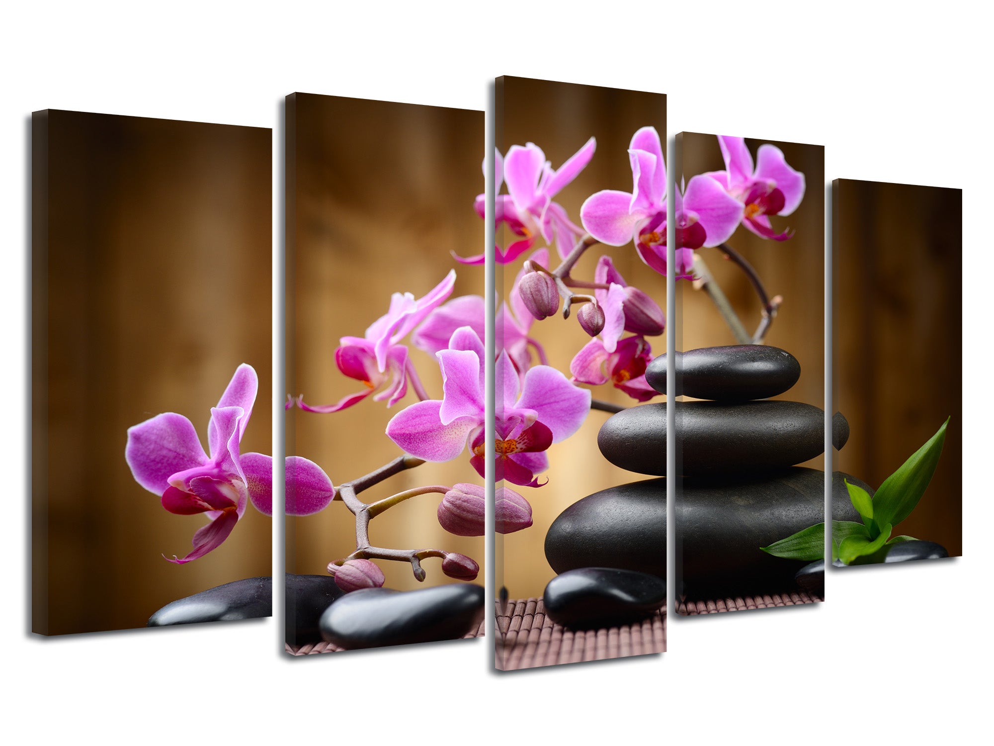 Tableau Déco Zen Sur Toile - Bougie, Galet Et Fleur Orchidée - Format 90 X 30 Cm - Bois Et Toile - Neuf