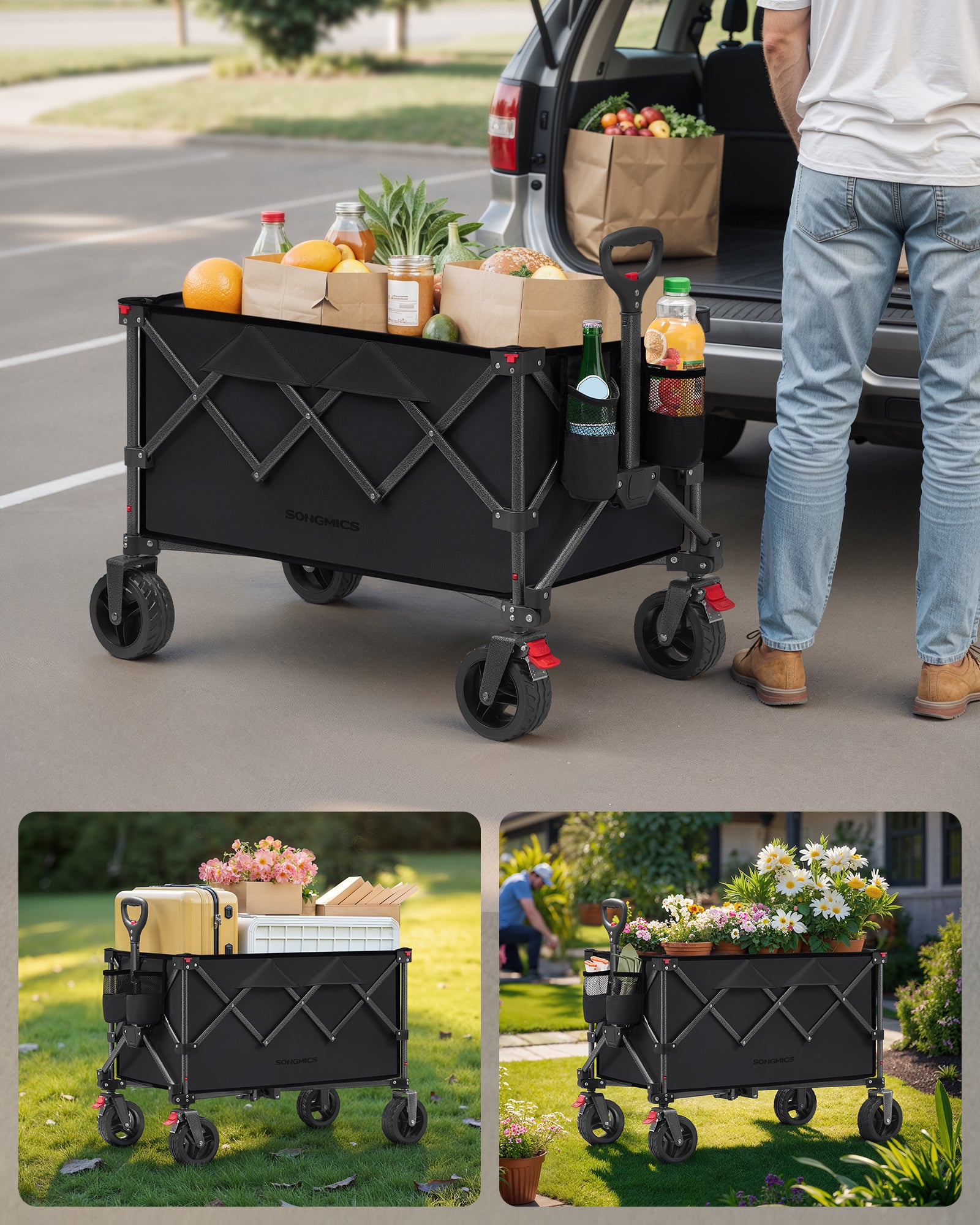 Chariot Pliable, Capacité de 150 L, Supporte Jusqu’à 150 kg, avec Poignée, 4 Roues Amovibles, pour Extérieur, Plage, Camping, Noir - 7