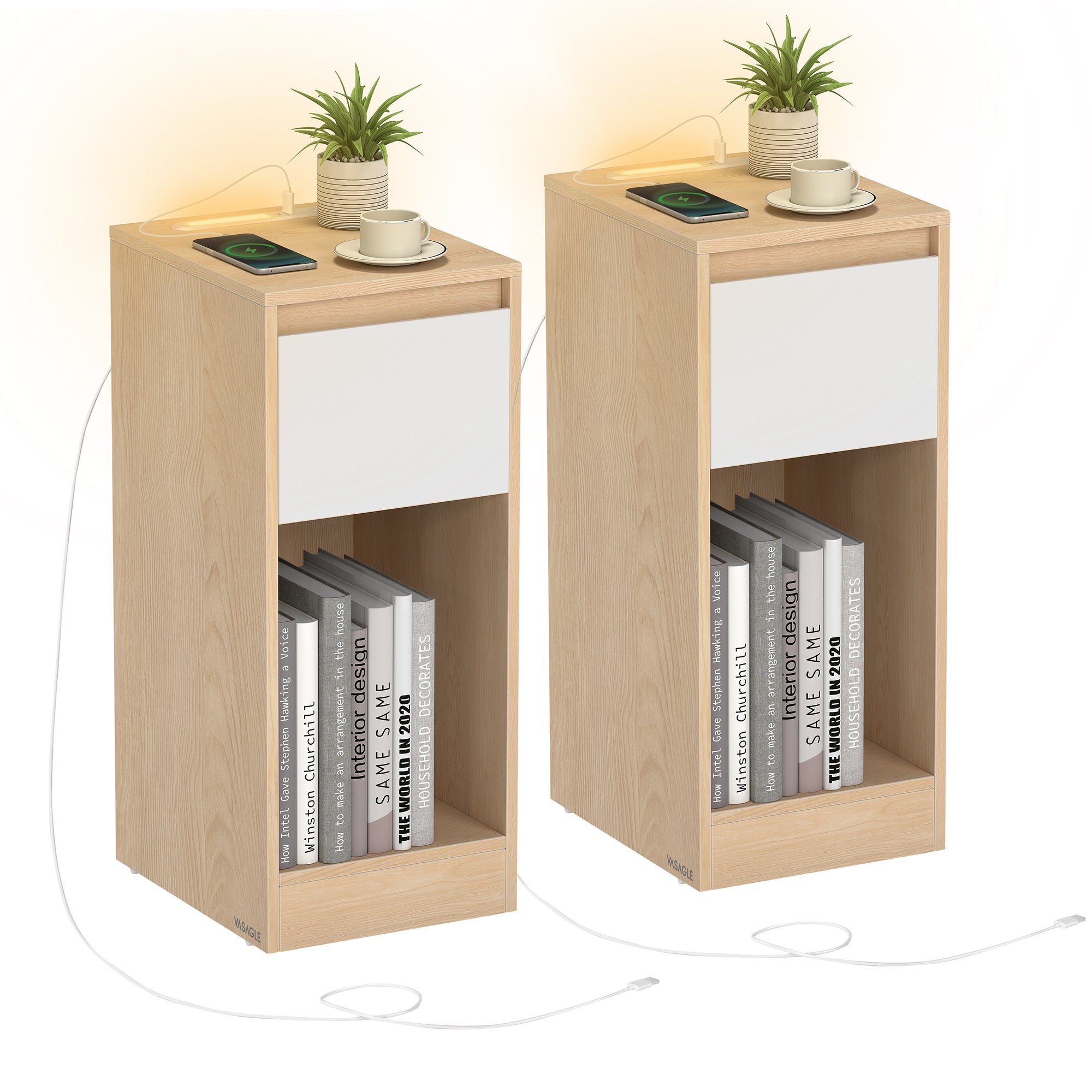 Lot de 2, Table de Chevet Étroite, avec Éclairage LED, 1 Port USB-A, 1 Port USB-C, Tiroirs et Compartiments Ouverts, Jaune Amande et Blanc Nuage - 6