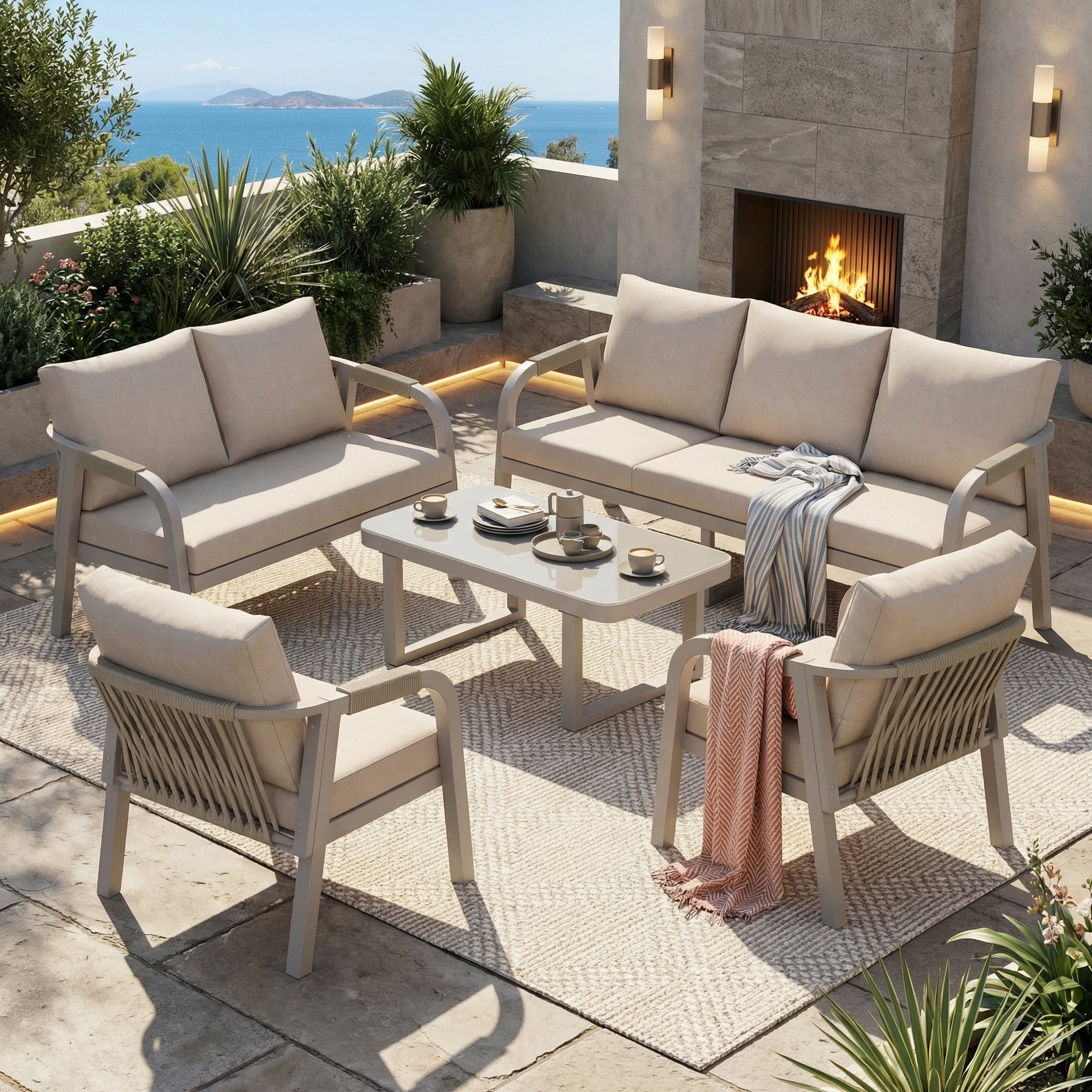 Salon de jardin 7 places avec en fer galvanisé - Canapé 3 places + canapé 2 places + 2 fauteuils + table basse en verre - 172 x 69,5 x 76 cm - Beige - 2