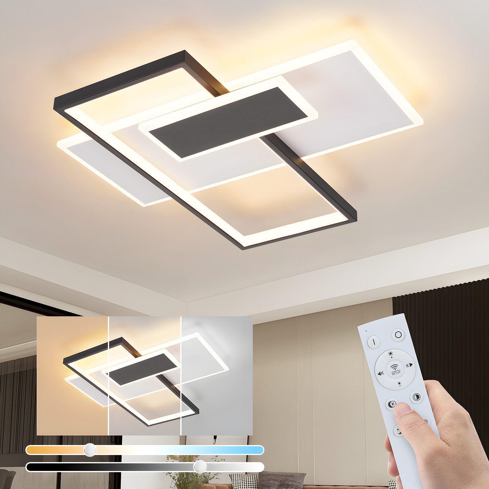 ZMH Lampa sufitowa LED do salonu, ściemnialna, 62 W, z 2 reflektorkami sufitowymi, czarna, z pilotem, nowoczesny design z akrylu